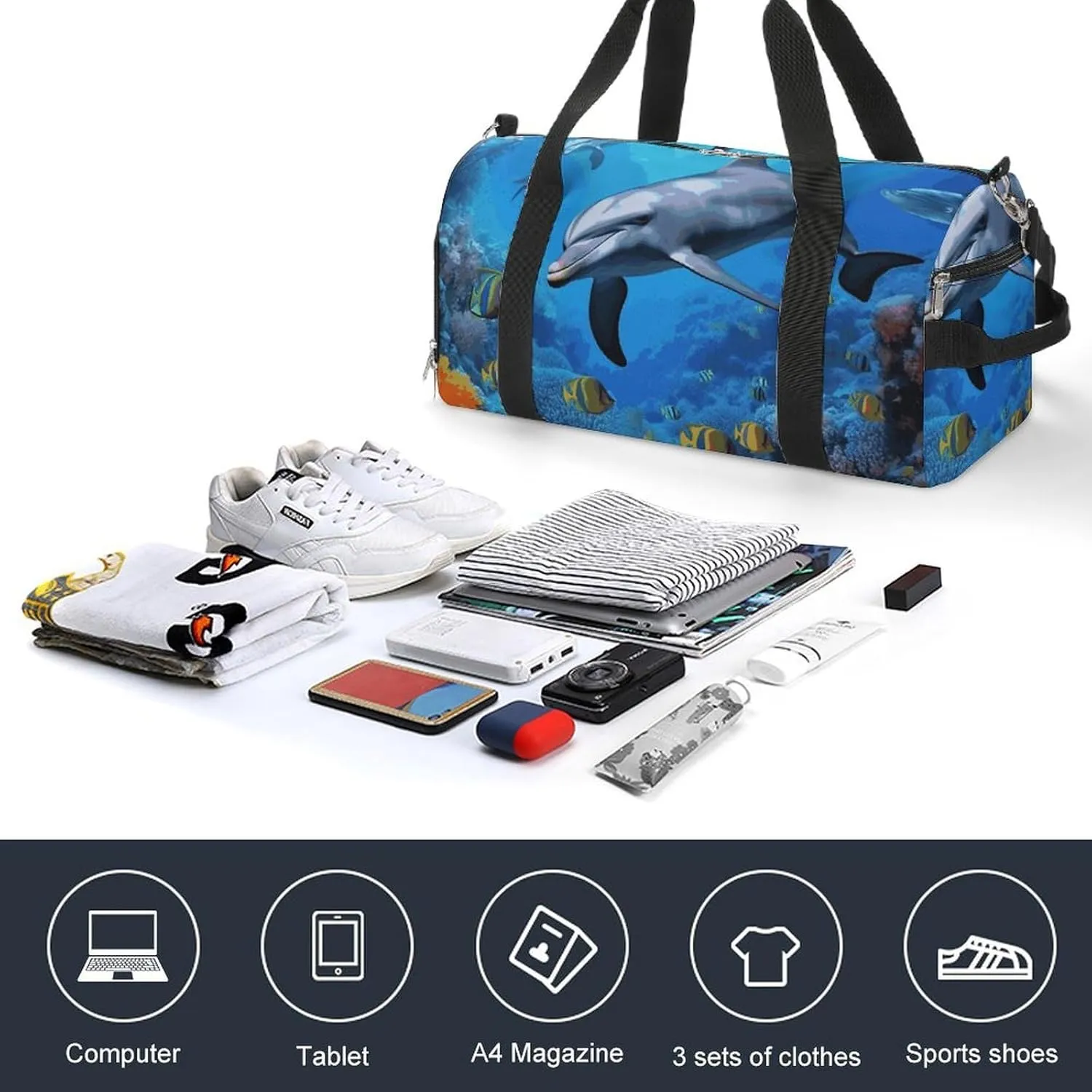 Gym Bags Small Dolphin in The Coral Reef Duffel Bag Overnight Bag with Shoe Compartment Carryon Bag for Men Women