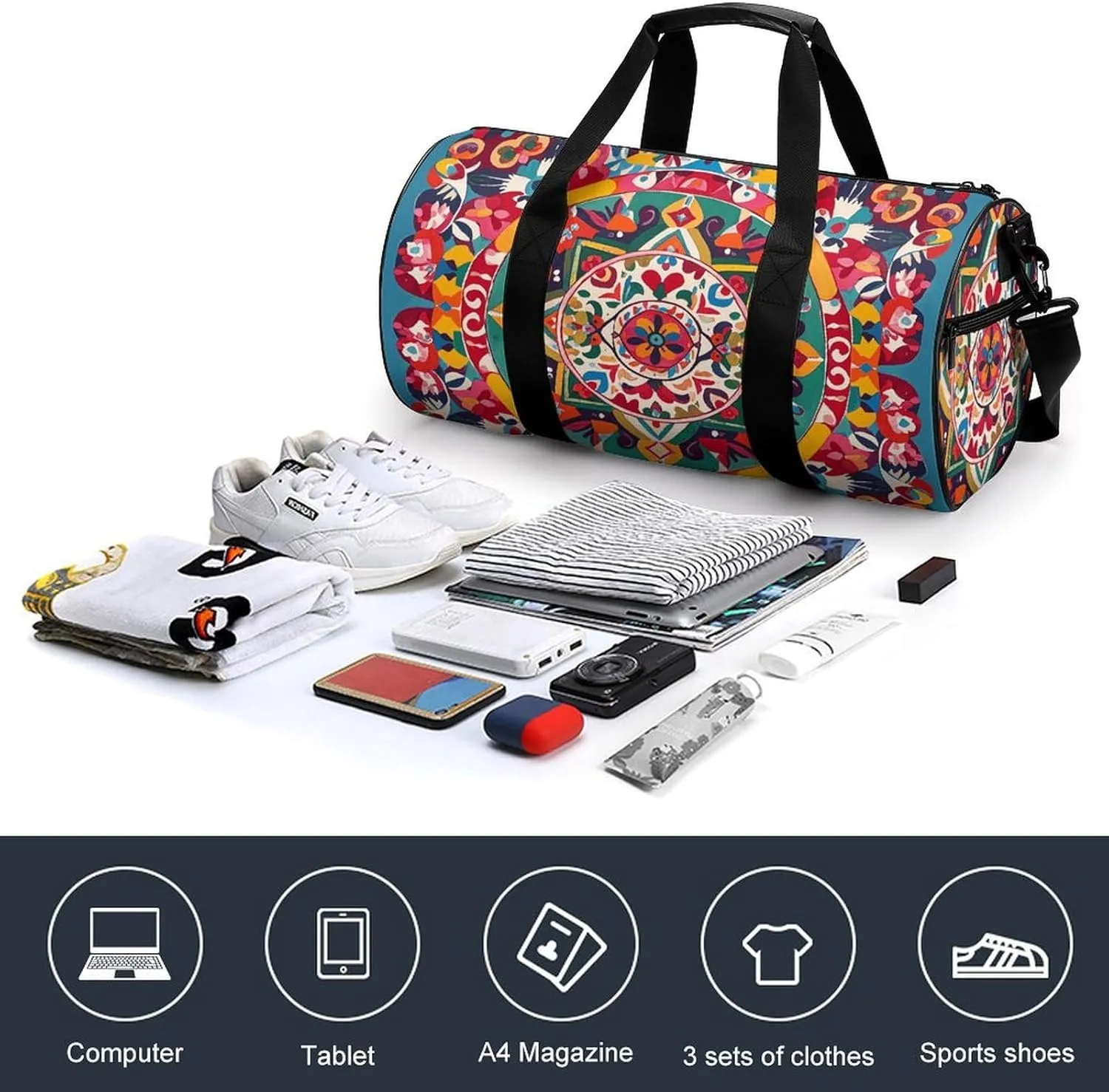 Gym Bags Small Mexican Folk Art Boho Duffel Bag Overnight Bag with Shoe Compartment Carryon Bag for Men Women