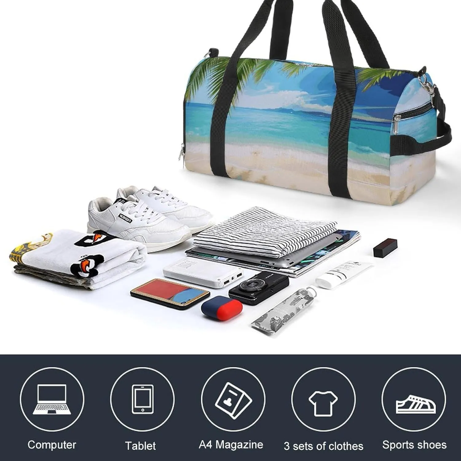 Gym Bags Small Ocean Sea Beach Palm Leaves Duffel Bag Overnight Bag with Shoe Compartment Carryon Bag for Men Women