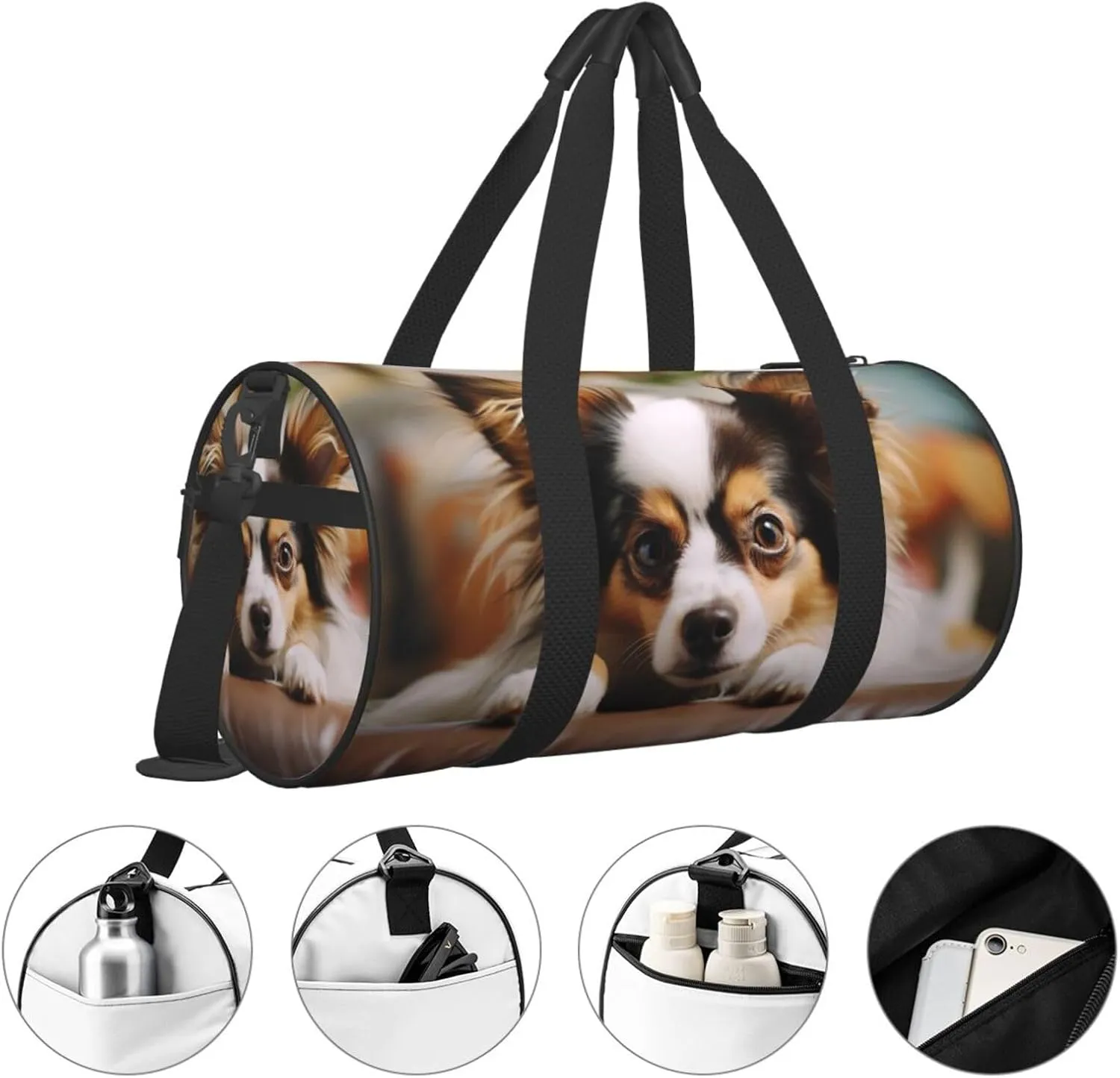 Gym Bags Small Papillon lying on tummy Duffel Bag Overnight Bag with Shoe Compartment Carryon Bag for Men Women