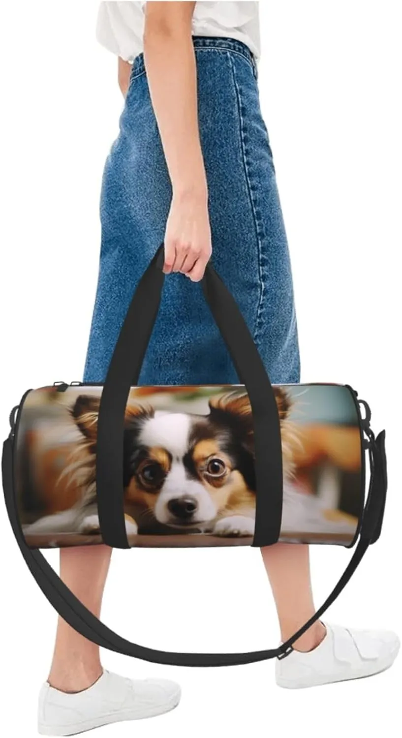 Gym Bags Small Papillon lying on tummy Duffel Bag Overnight Bag with Shoe Compartment Carryon Bag for Men Women