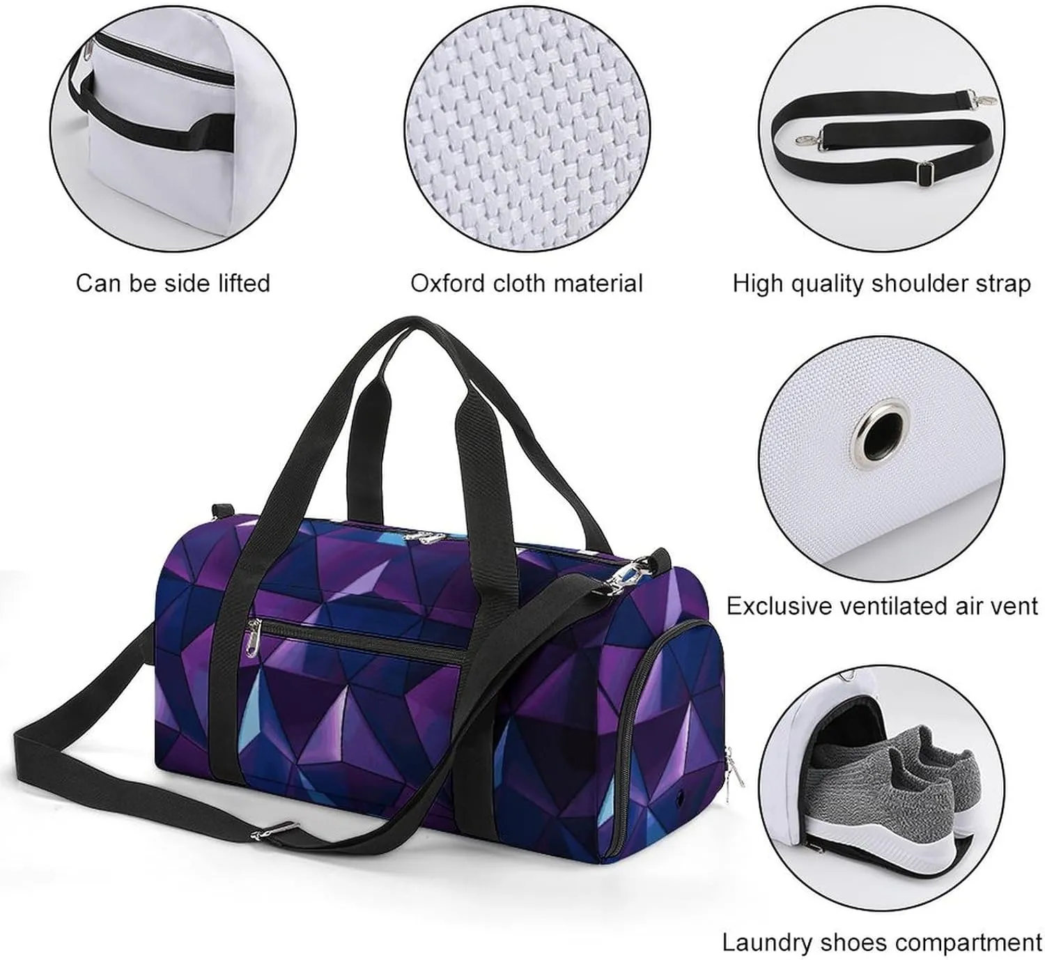 Gym Bags Small Purple Geometric Duffel Bag Overnight Bag with Shoe Compartment Carryon Bag for Men Women