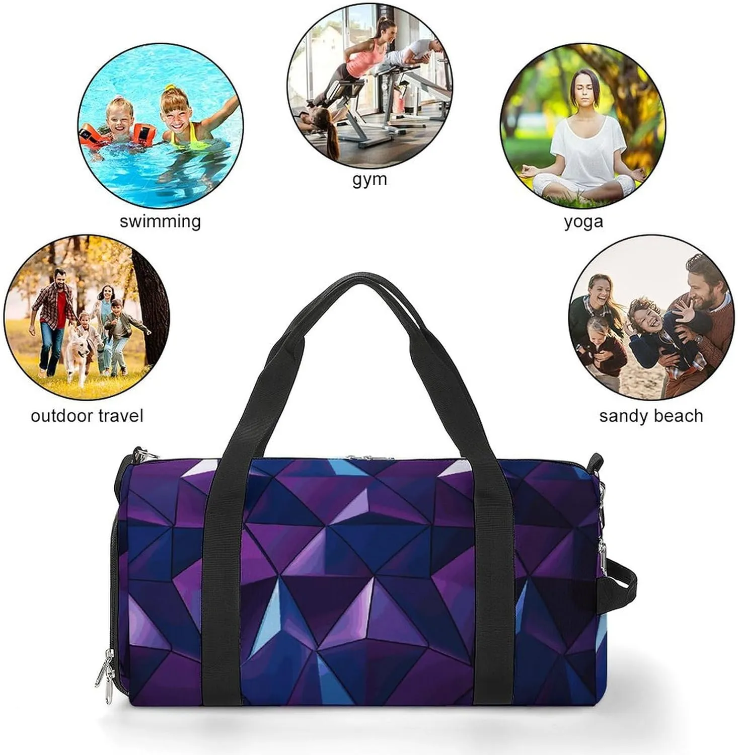 Gym Bags Small Purple Geometric Duffel Bag Overnight Bag with Shoe Compartment Carryon Bag for Men Women