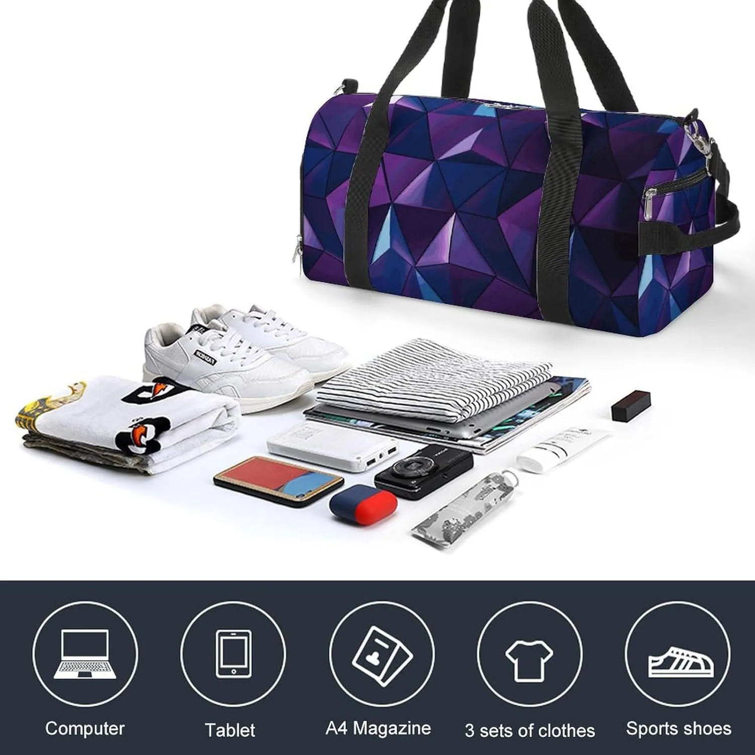 Gym Bags Small Purple Geometric Duffel Bag Overnight Bag with Shoe Compartment Carryon Bag for Men Women