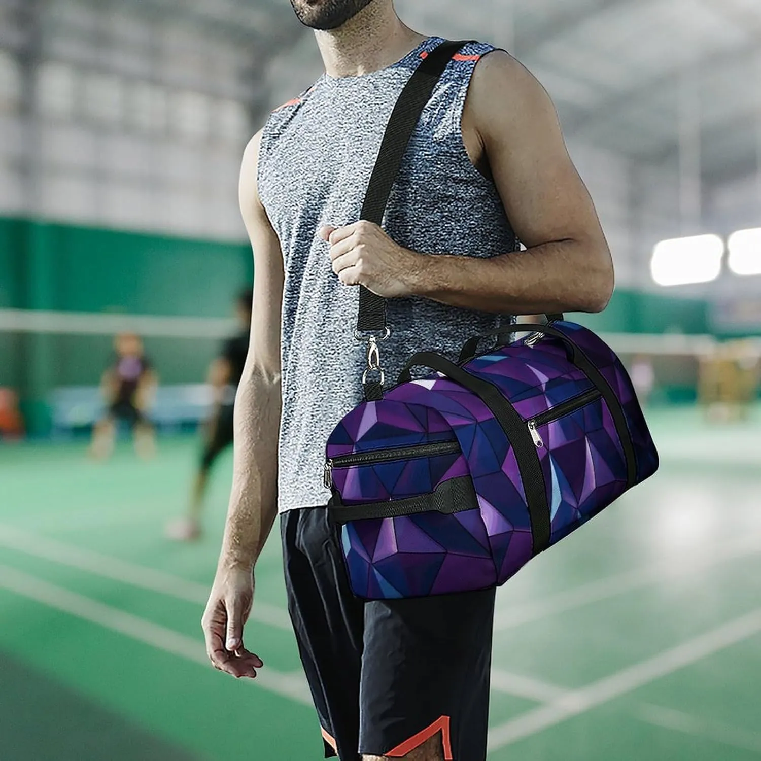 Gym Bags Small Purple Geometric Duffel Bag Overnight Bag with Shoe Compartment Carryon Bag for Men Women