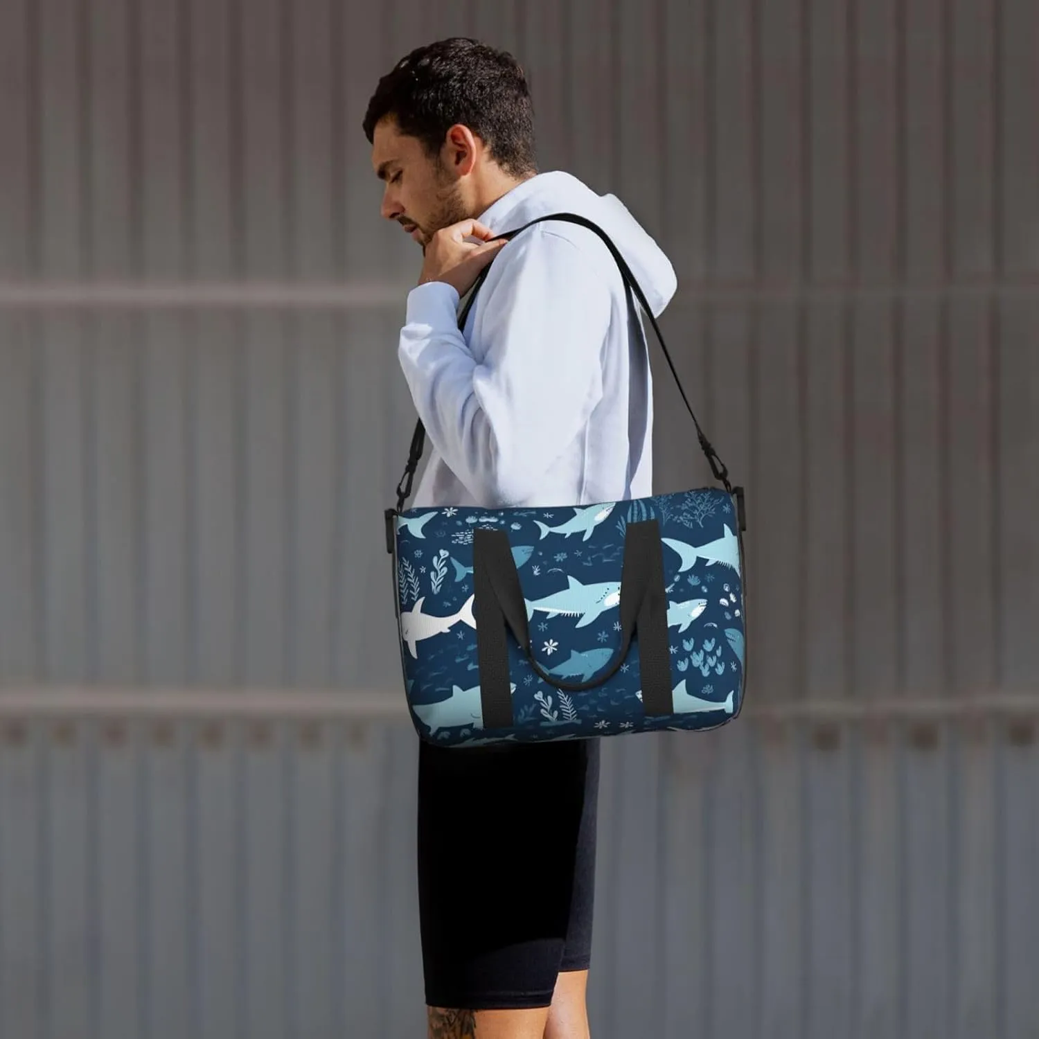 Gym Bags Small Sharks Duffel Bag Overnight Bag with Shoe Compartment Carryon Bag for Men Women