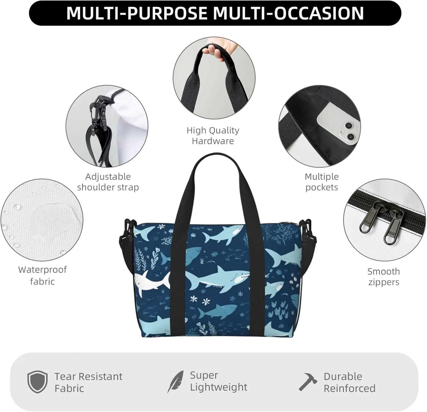 Gym Bags Small Sharks Duffel Bag Overnight Bag with Shoe Compartment Carryon Bag for Men Women