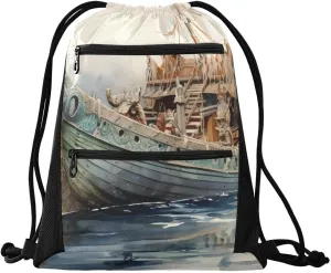 Gym Drawstring Backpack Sports String Bags Training Gym Sack Sailing Sailboat 2 with Zipper Pocket Small
