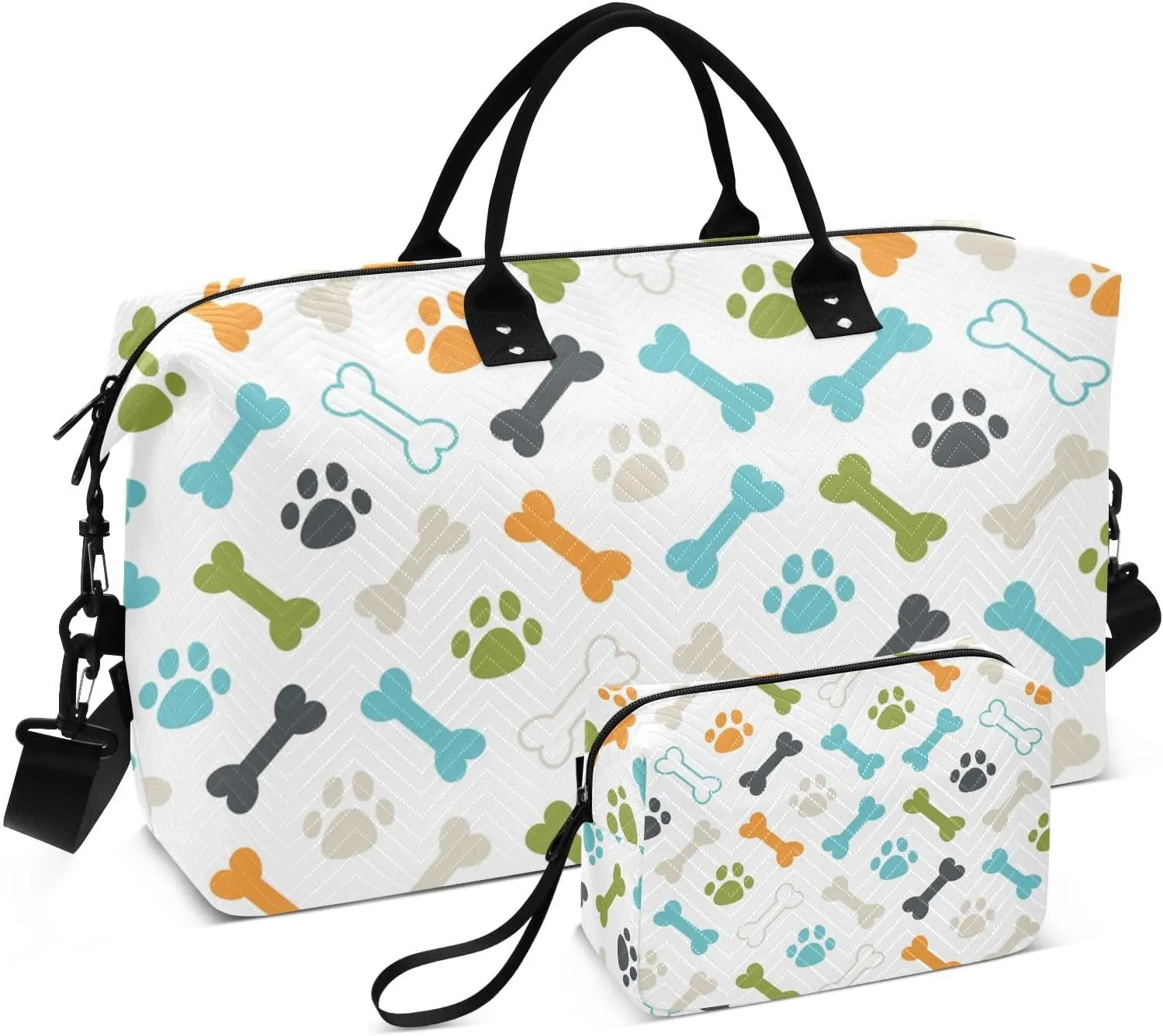 Gym Duffel Bag Blue Green Dog Footprint Bones Travel Quilted Bags Set for Overnight Weekender Trip