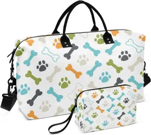Gym Duffel Bag Blue Green Dog Footprint Bones Travel Quilted Bags Set for Overnight Weekender Trip