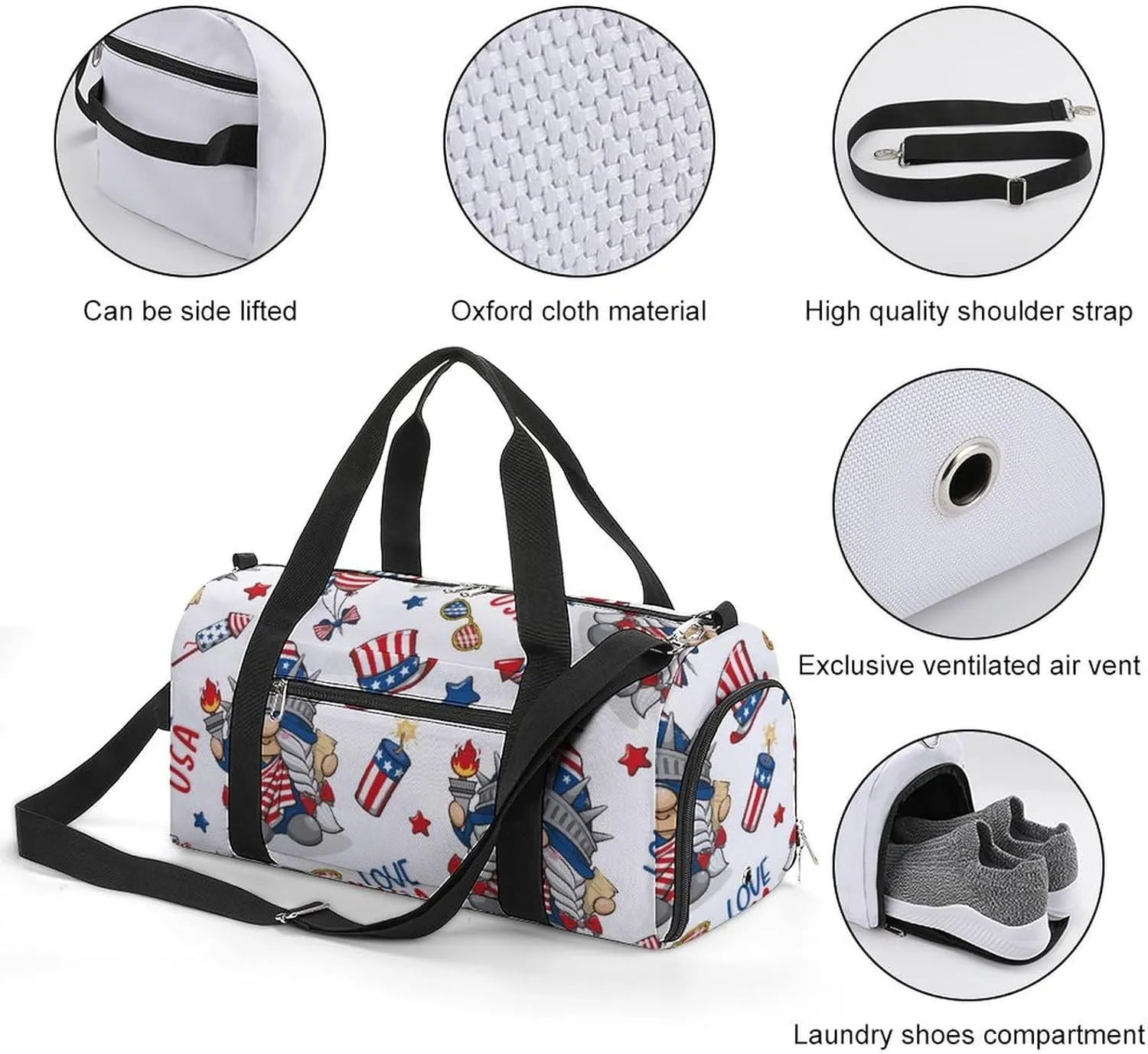 Gym Duffel Bag with Shoe Compartment Wet Pocket, 4th July America Gnome Travel Bag for Men Women