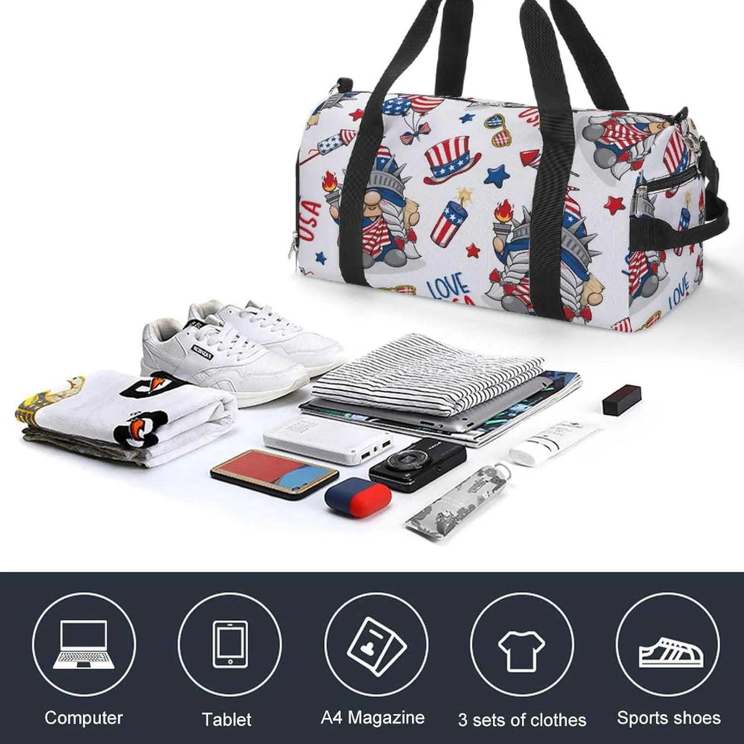 Gym Duffel Bag with Shoe Compartment Wet Pocket, 4th July America Gnome Travel Bag for Men Women