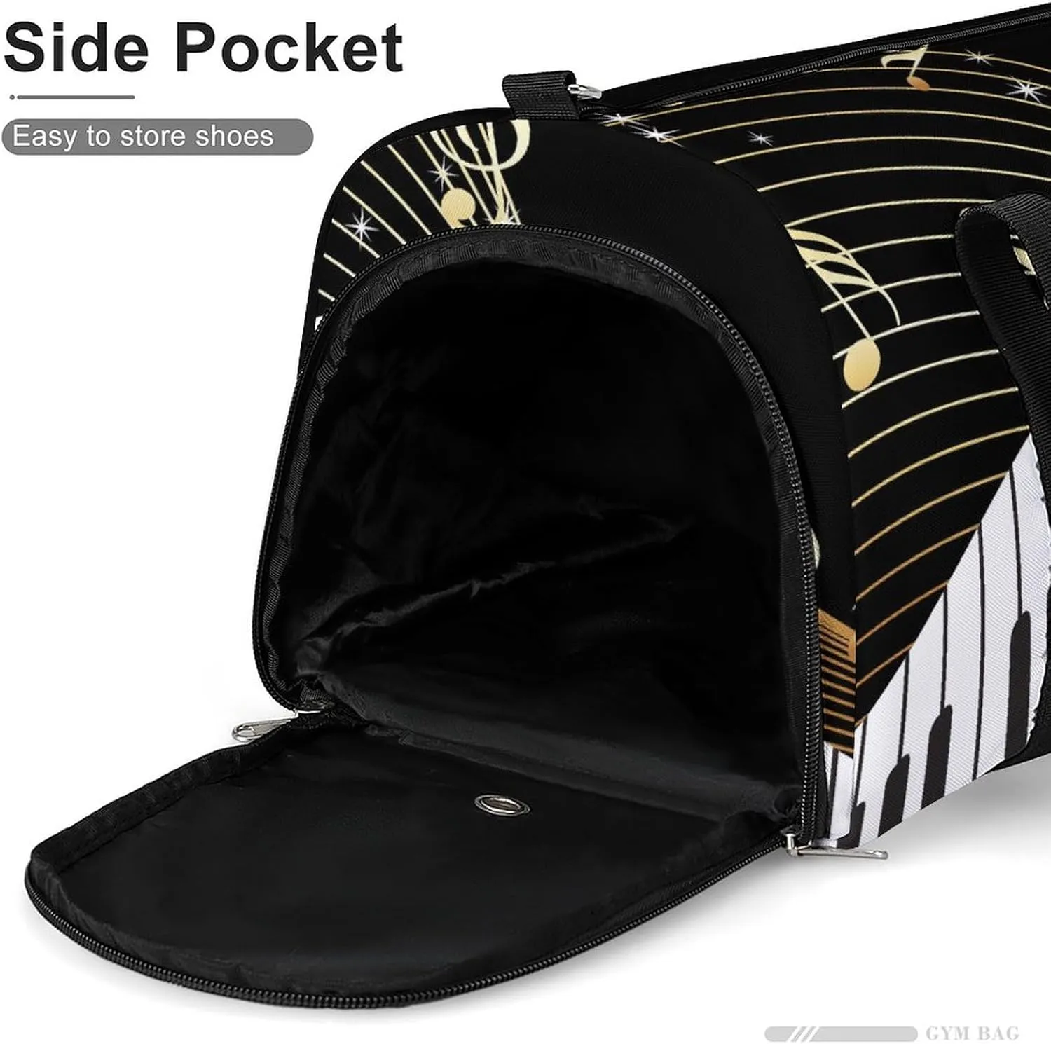 Gym Duffel Bag with Shoe Compartment Wet Pocket, Black Background with Musical Travel Bag for Men Women