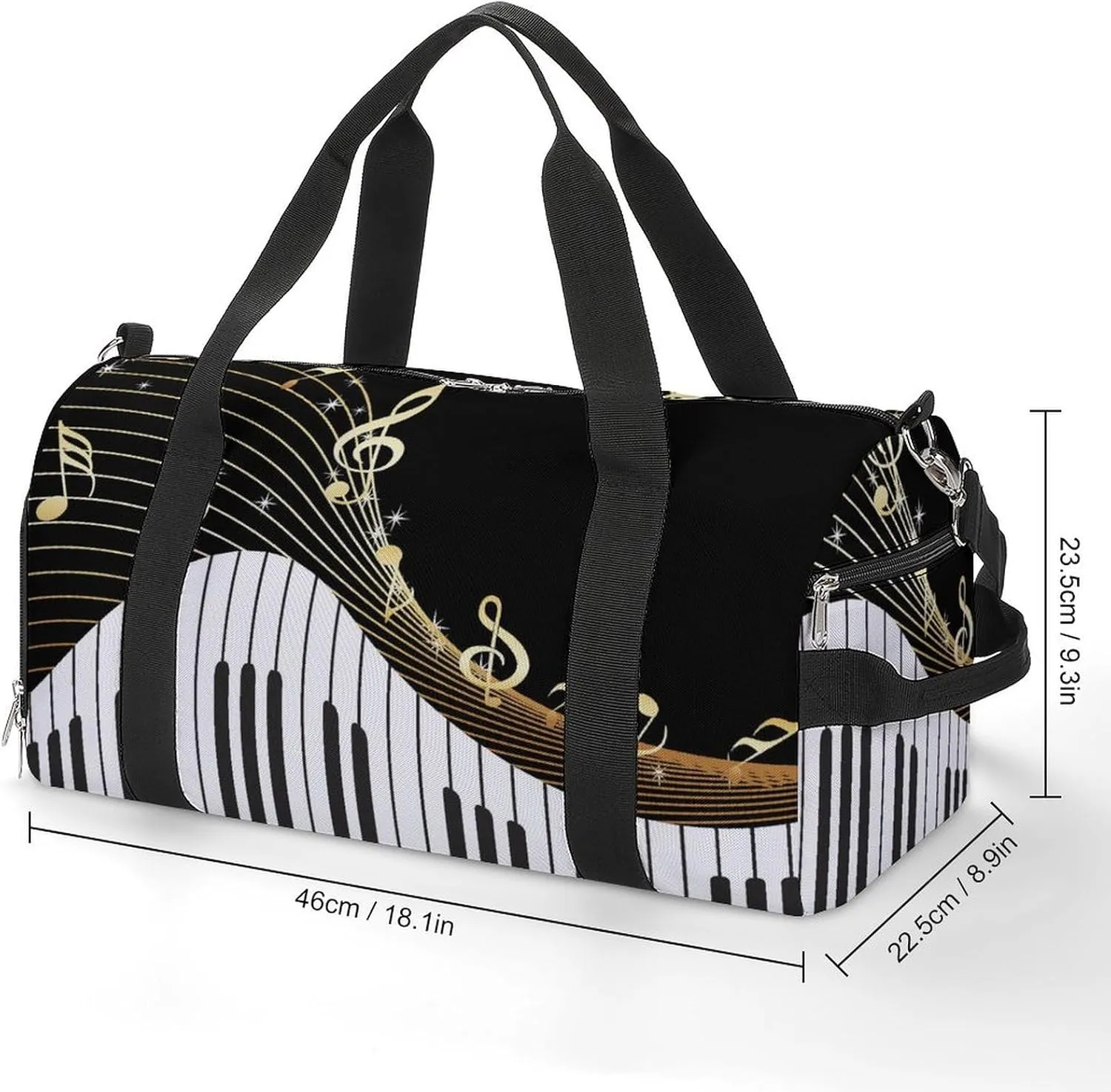 Gym Duffel Bag with Shoe Compartment Wet Pocket, Black Background with Musical Travel Bag for Men Women