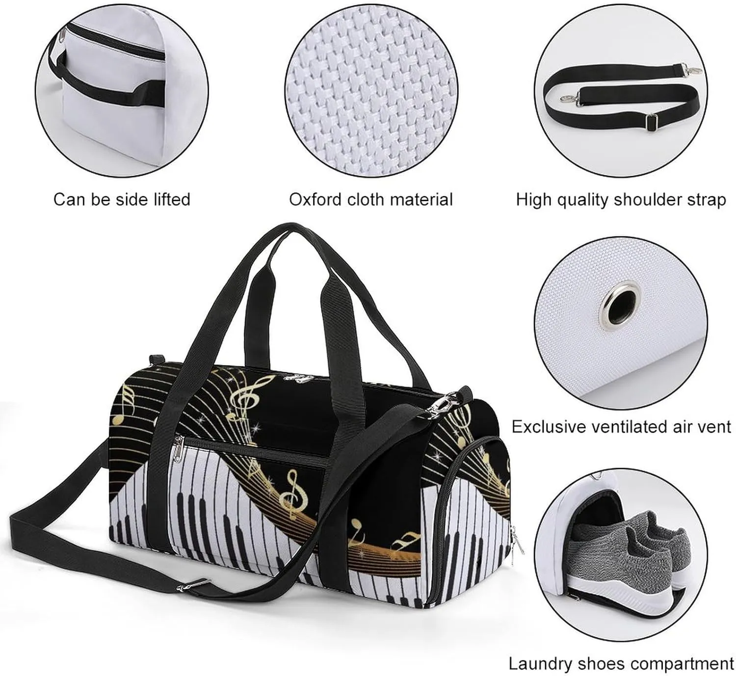 Gym Duffel Bag with Shoe Compartment Wet Pocket, Black Background with Musical Travel Bag for Men Women