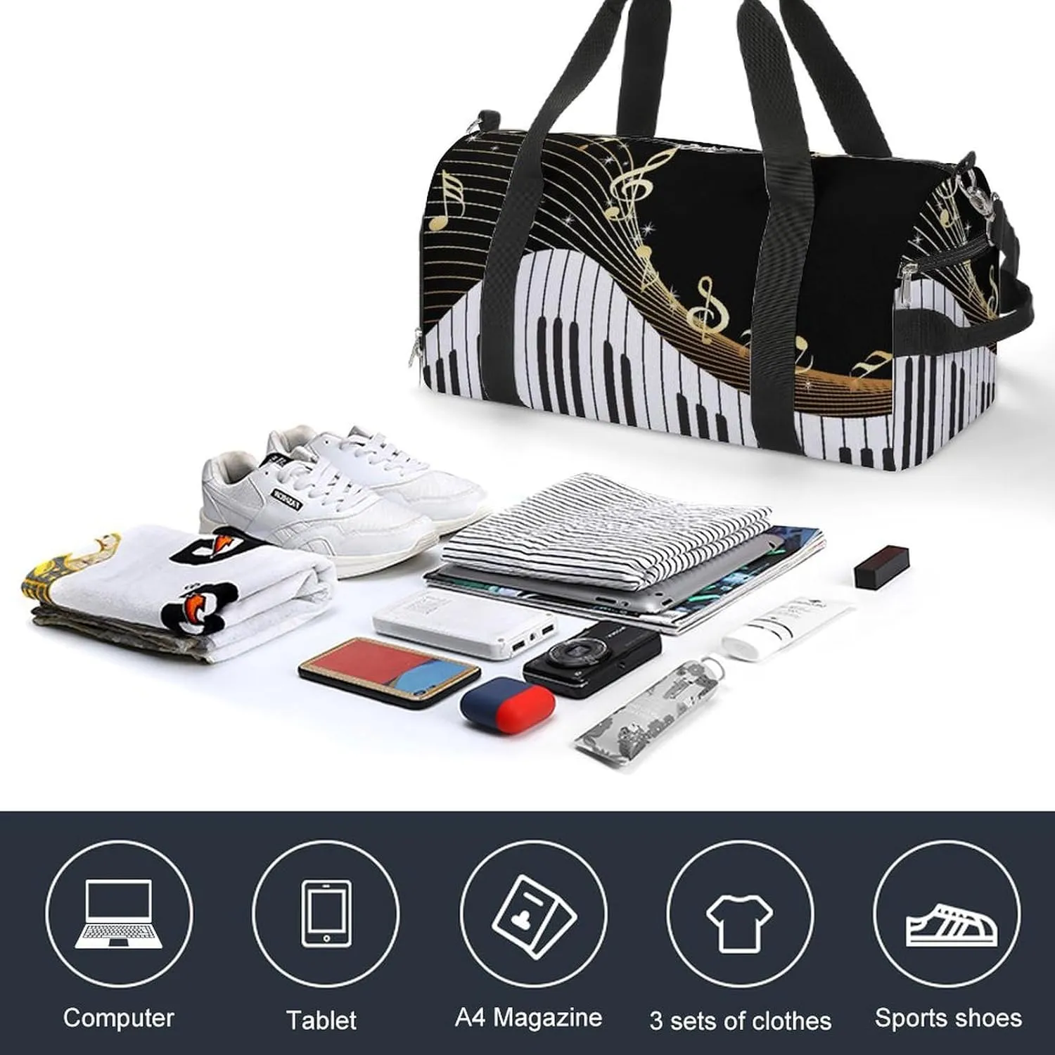 Gym Duffel Bag with Shoe Compartment Wet Pocket, Black Background with Musical Travel Bag for Men Women
