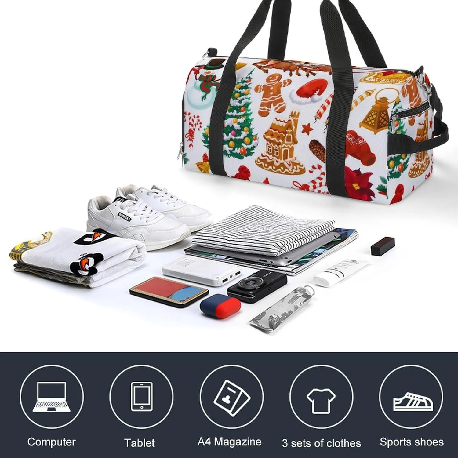 Gym Duffel Bag with Shoe Compartment Wet Pocket, Christmas-pattern-white Travel Bag for Men Women