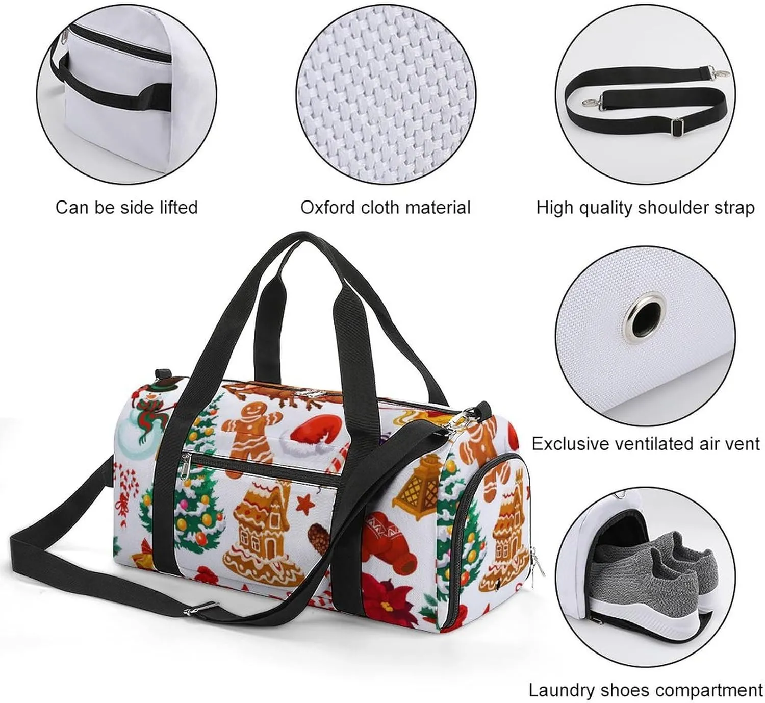 Gym Duffel Bag with Shoe Compartment Wet Pocket, Christmas-pattern-white Travel Bag for Men Women