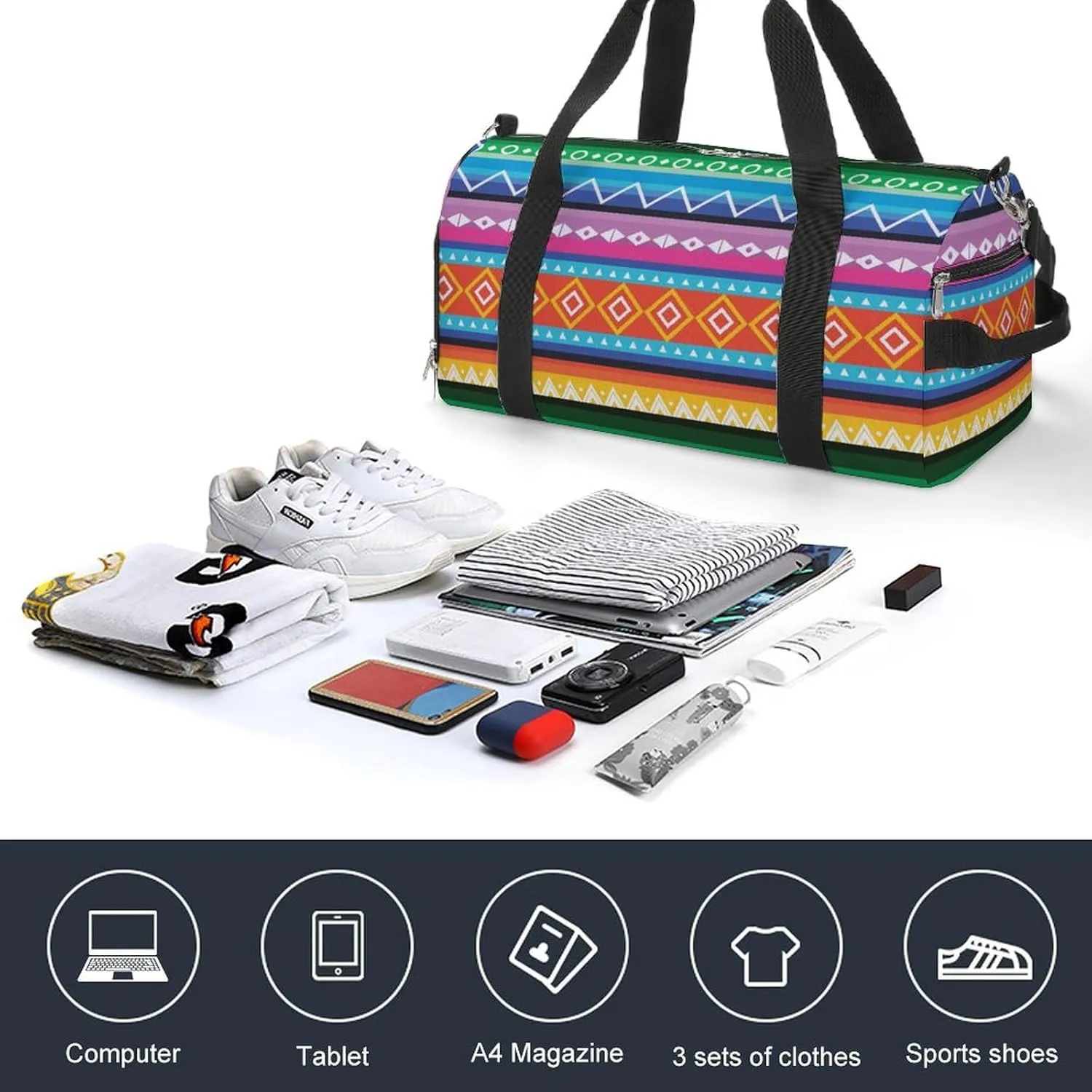 Gym Duffel Bag with Shoe Compartment Wet Pocket, Colorful Peruvian Pattern Travel Bag for Men Women