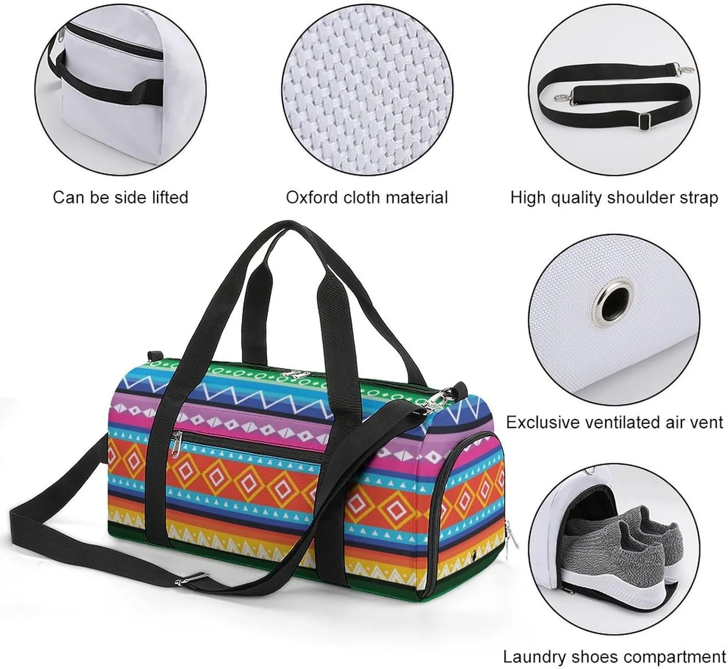 Gym Duffel Bag with Shoe Compartment Wet Pocket, Colorful Peruvian Pattern Travel Bag for Men Women