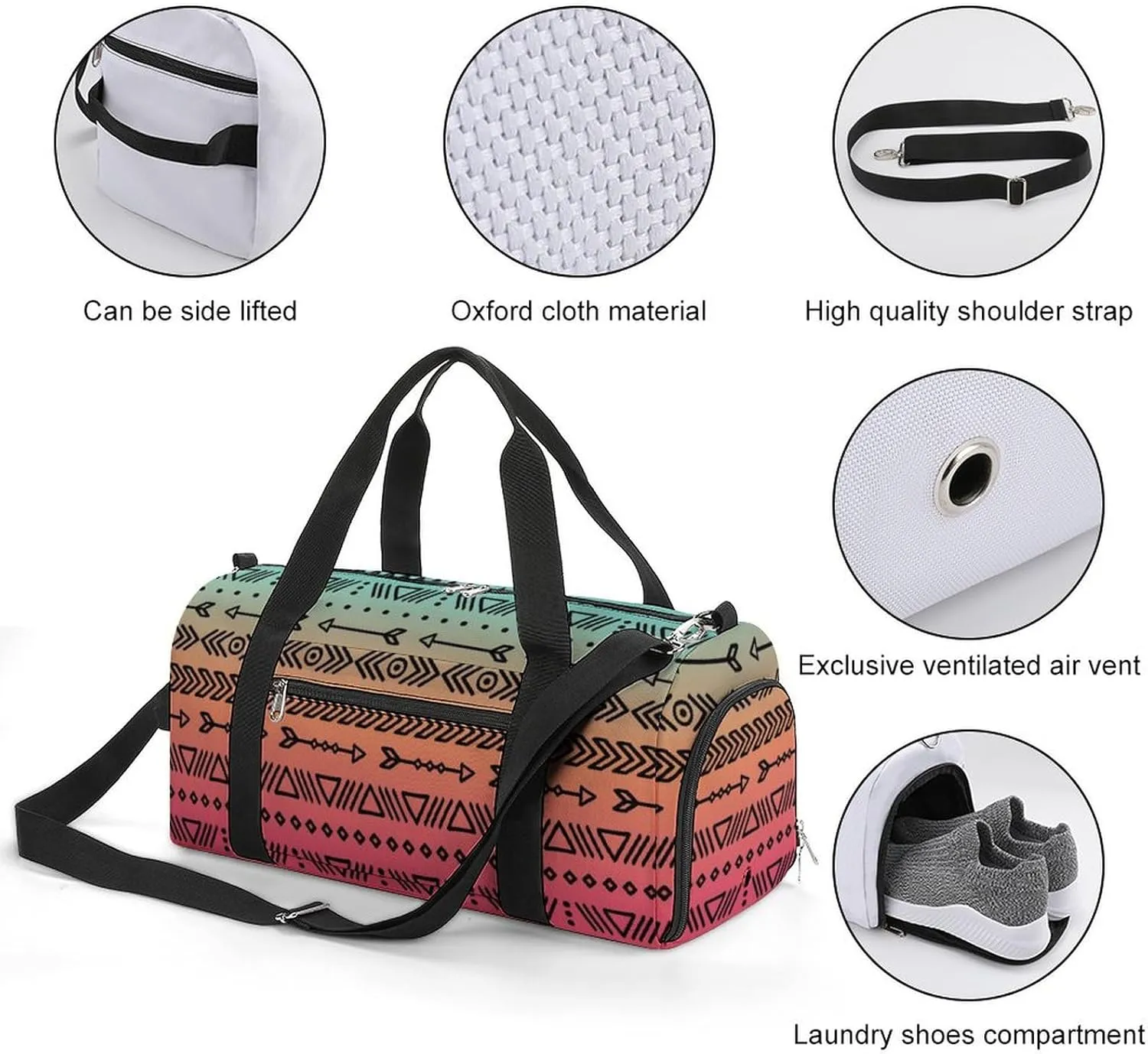 Gym Duffel Bag with Shoe Compartment Wet Pocket, Geometric Ethnic Boho Stripes Travel Bag for Men Women, style