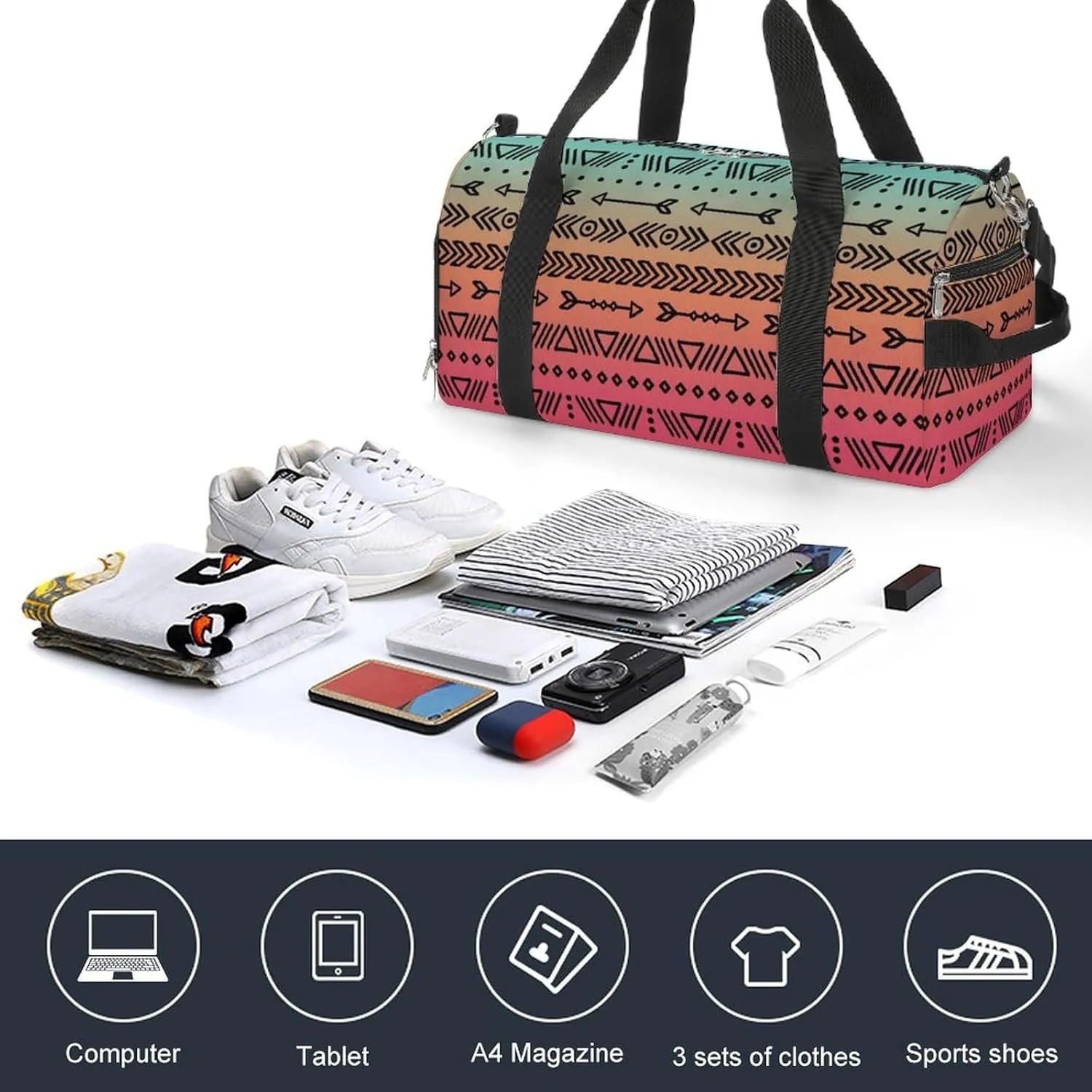 Gym Duffel Bag with Shoe Compartment Wet Pocket, Geometric Ethnic Boho Stripes Travel Bag for Men Women, style
