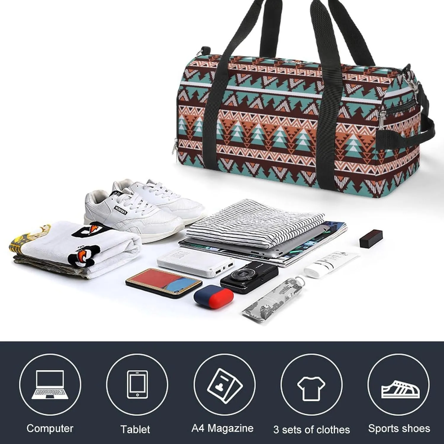 Gym Duffel Bag with Shoe Compartment Wet Pocket, Native American Pattern Travel Bag for Men Women