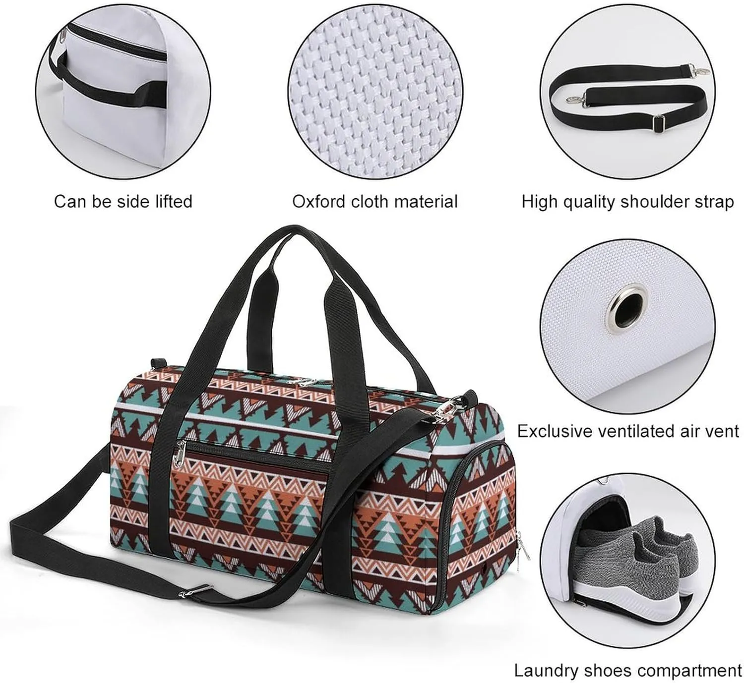 Gym Duffel Bag with Shoe Compartment Wet Pocket, Native American Pattern Travel Bag for Men Women