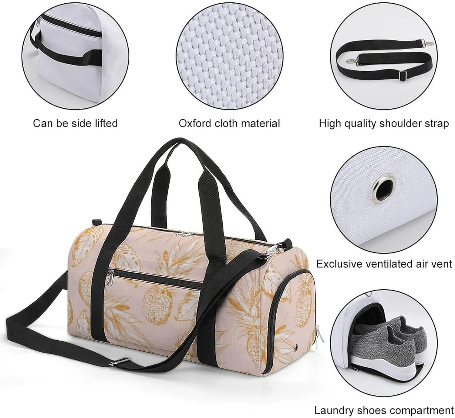 Gym Duffel Bag with Shoe Compartment Wet Pocket, Pineapple Pattern Travel Bag for Men Women