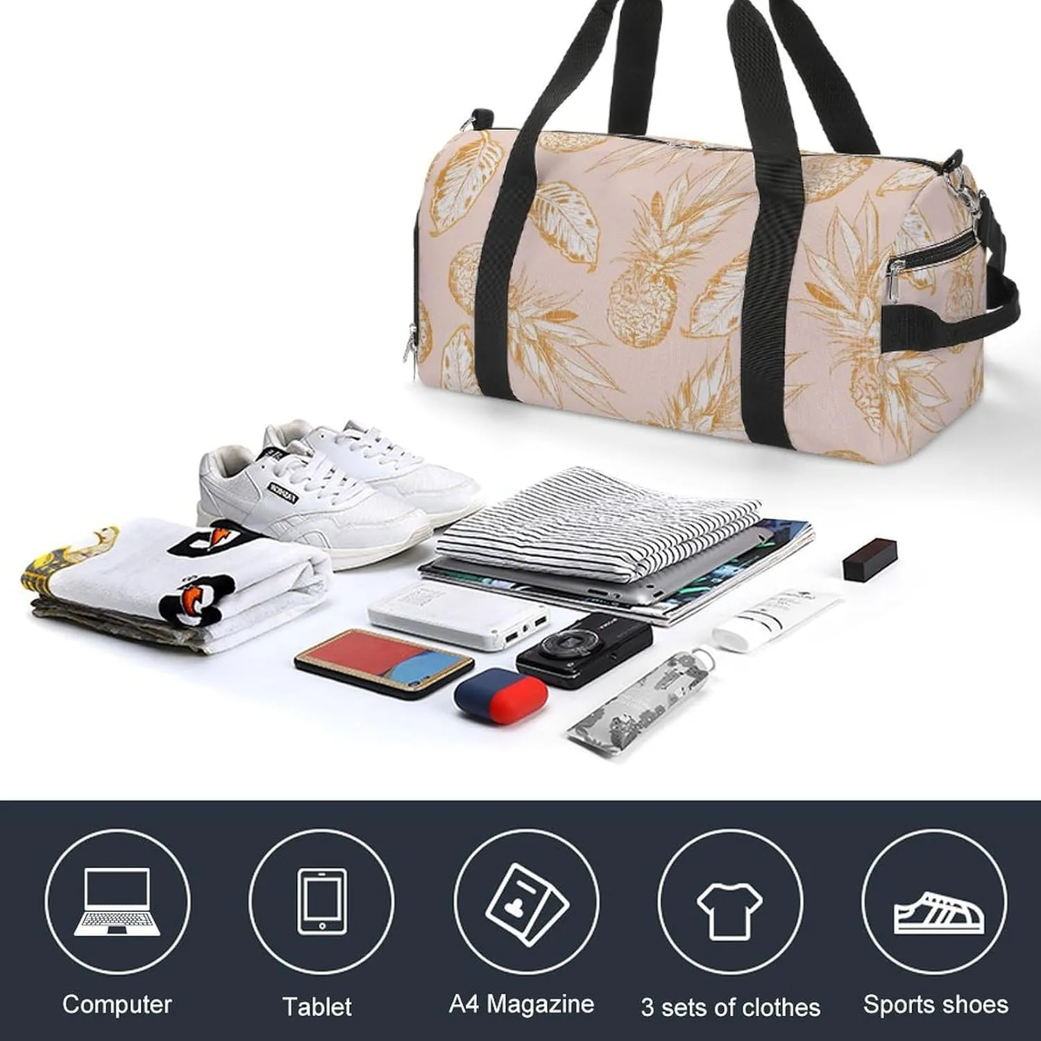 Gym Duffel Bag with Shoe Compartment Wet Pocket, Pineapple Pattern Travel Bag for Men Women