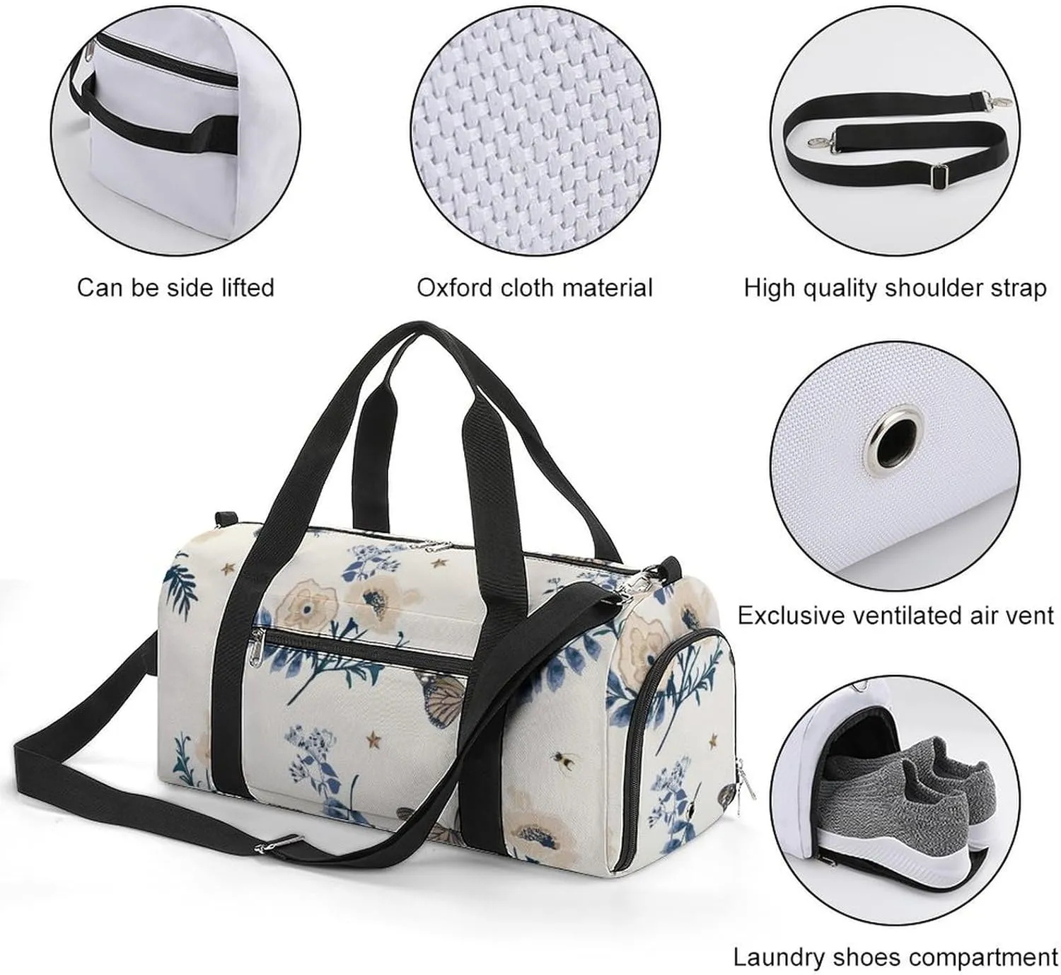 Gym Duffel Bag with Shoe Compartment Wet Pocket, Romantic Floral Travel Bag for Men Women