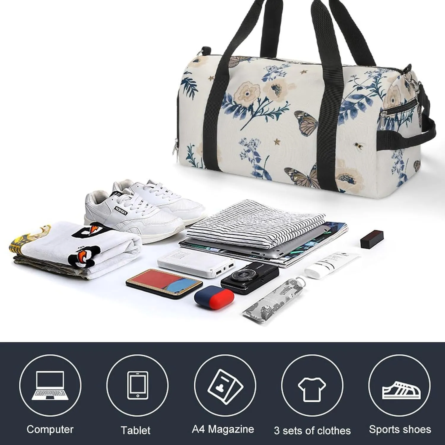 Gym Duffel Bag with Shoe Compartment Wet Pocket, Romantic Floral Travel Bag for Men Women