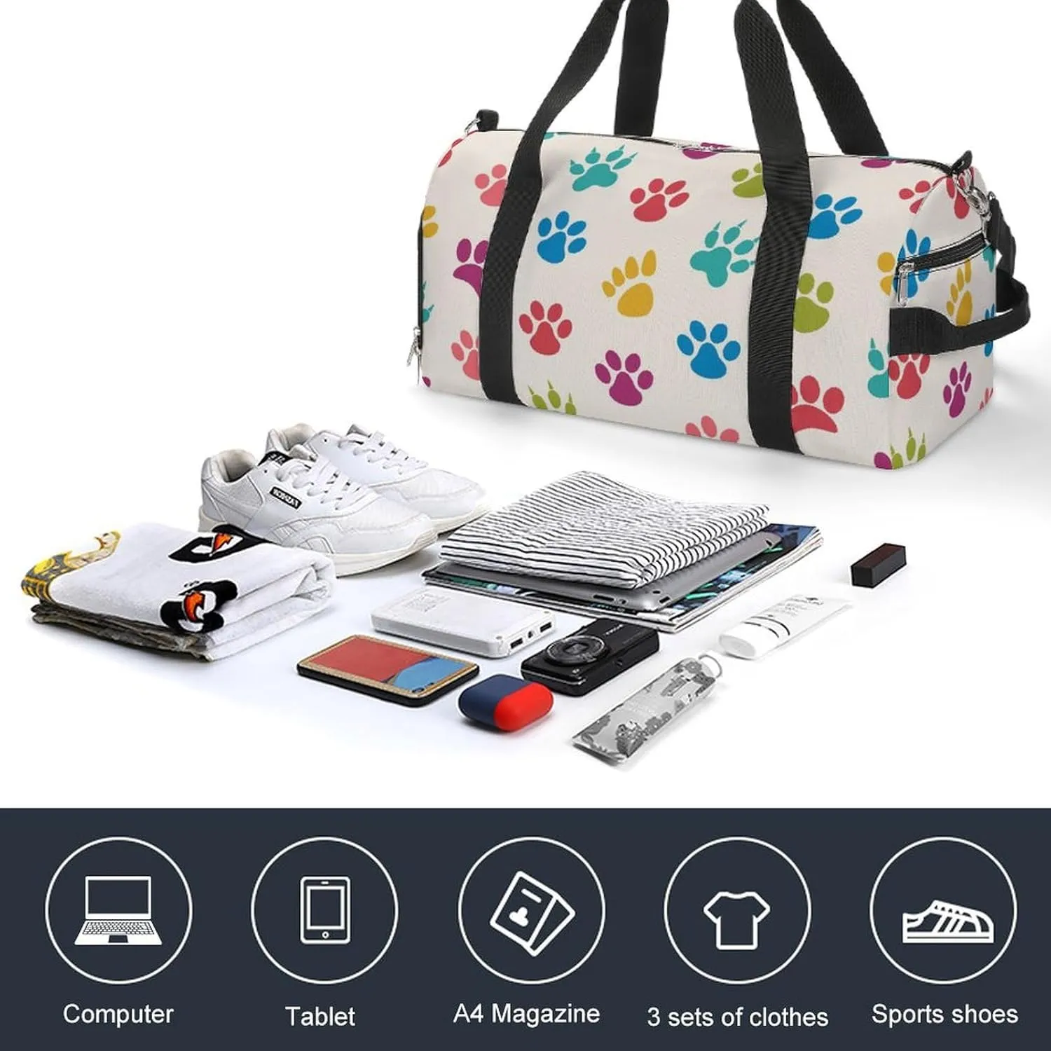 Gym Duffel Bag with Shoe Compartment Wet Pocket, Texture with Traces of Cats, Dogs Travel Bag for Men Women