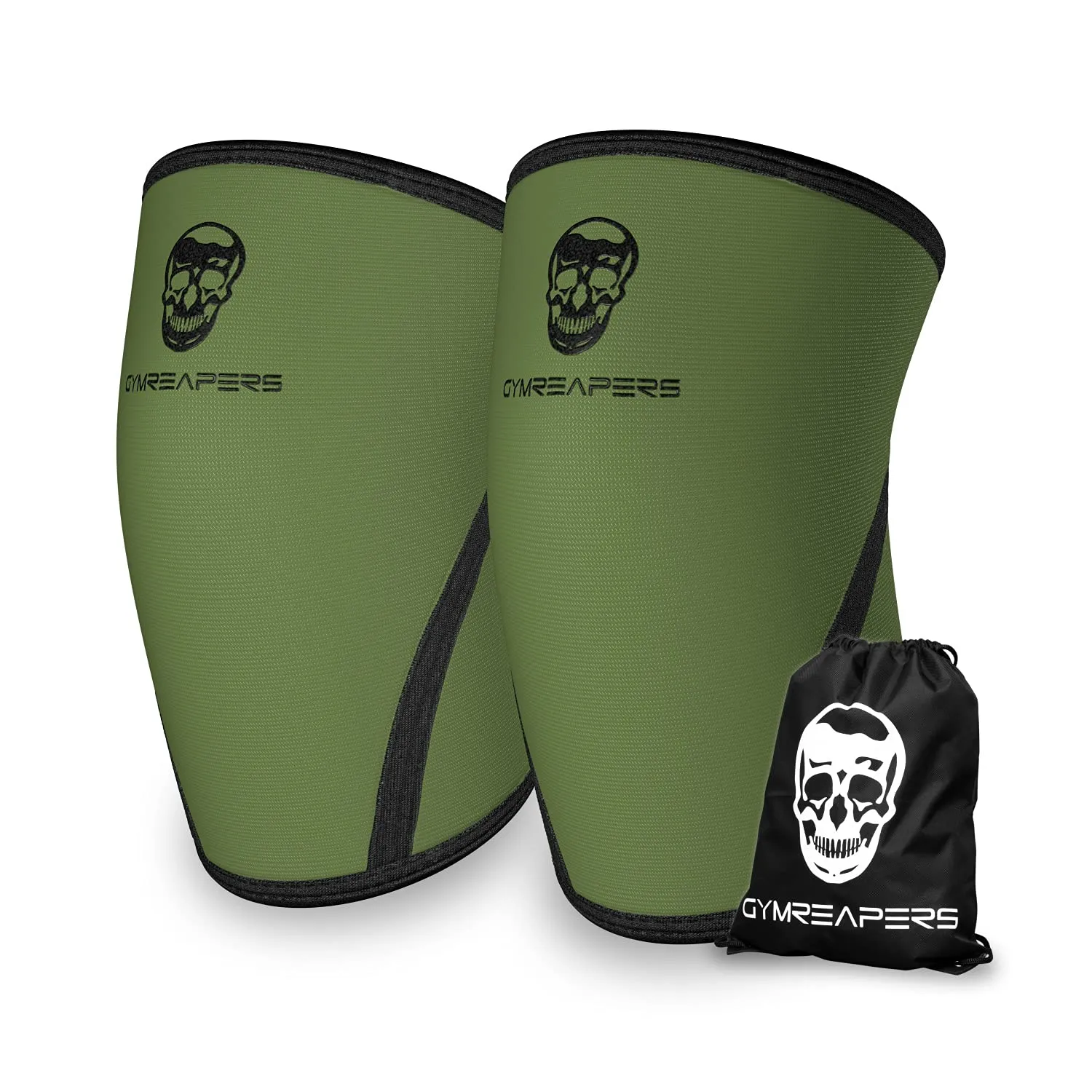 Gymreapers Knee Sleeves (Pair w/Bag) - Knee Compression Sleeve Support Squats, Weightlifting Powerlifting 7MM Neoprene Sleeves - 1 Year Warranty (Military Green/Black, Medium)