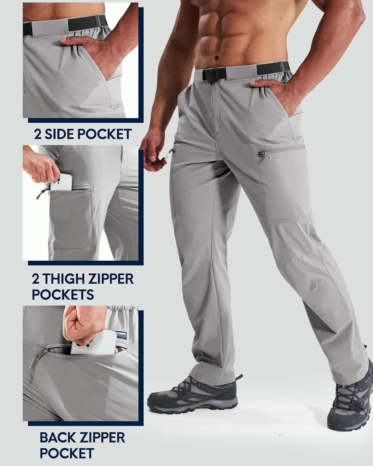 Haimont Men's Hiking Cargo Pants with Belt Water Resistant Quick Dry Lightweight Outdoor Travel Work Pants 5 Pockets