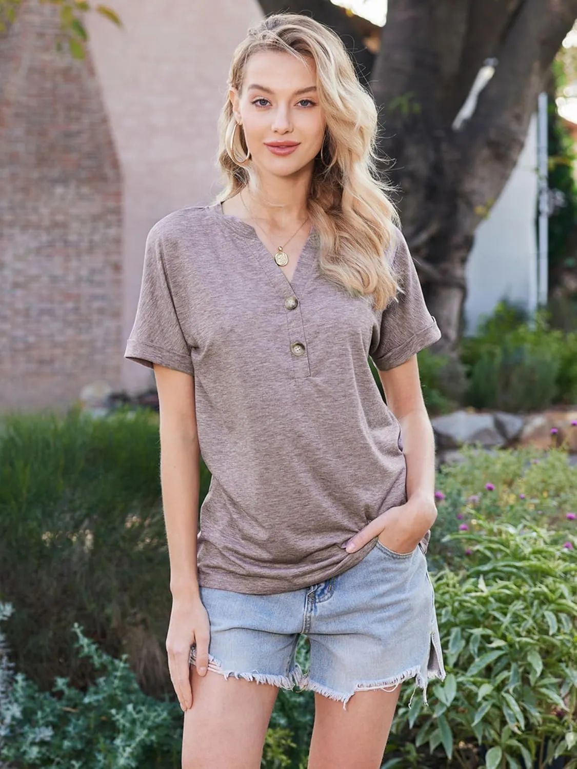 Halife Women's Casual Short Sleeve T Shirts Summer Button V Neck Tops Loose Fit Tee Shirt Blouse