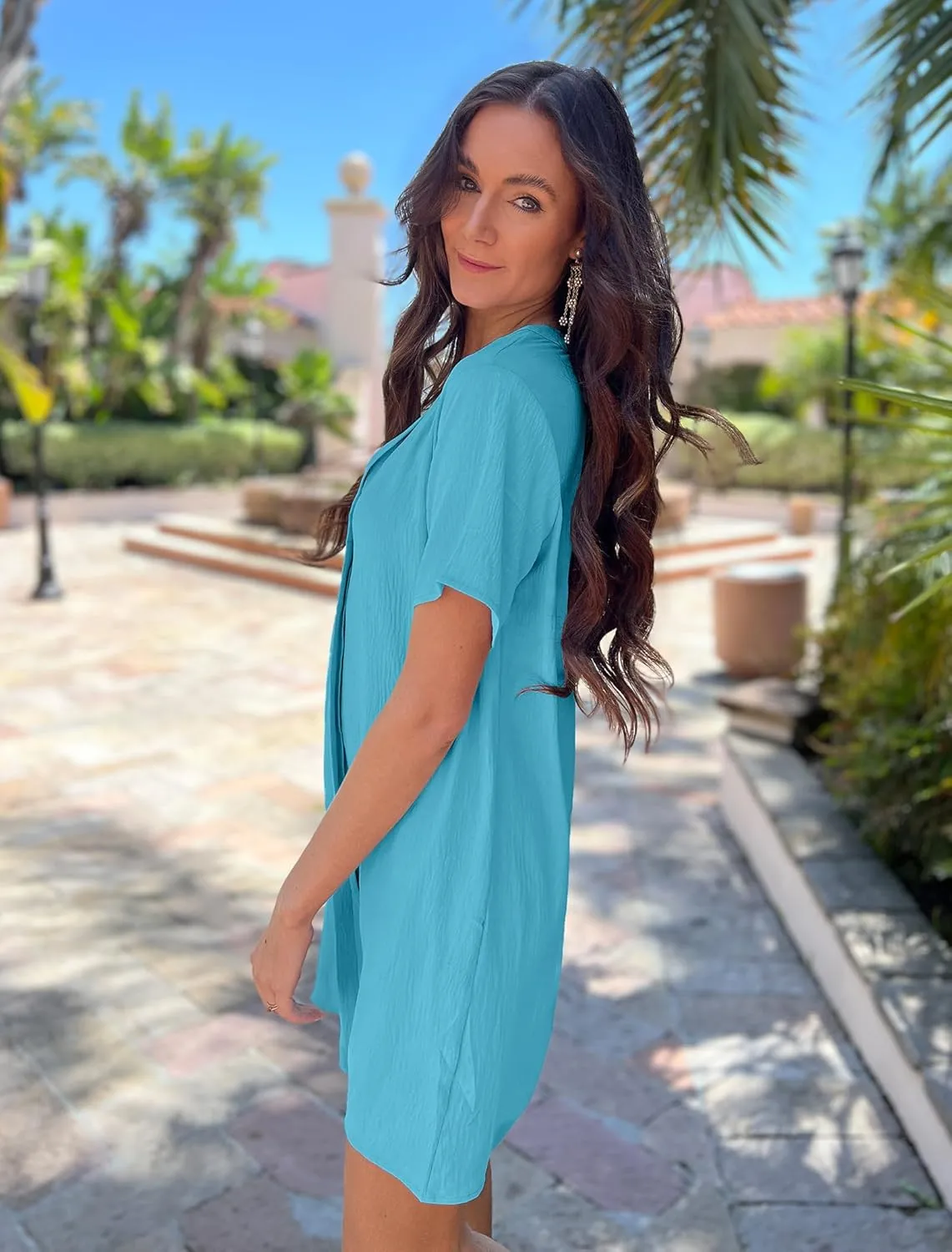 Halife Women's Swimsuit Cover Up Shirt V Neck Short Sleeve Bathing Suit Coverups Summer Beach Cover Ups