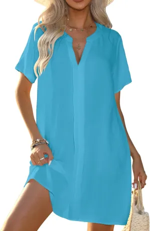 Halife Women's Swimsuit Cover Up Shirt V Neck Short Sleeve Bathing Suit Coverups Summer Beach Cover Ups