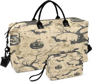 Halloween Dead Tree Pumpkin Lamp Quilted Weekender Travel Bag with Toiletry Bag Gym Tote Handbag Carry On Duffel Bags-2Pack