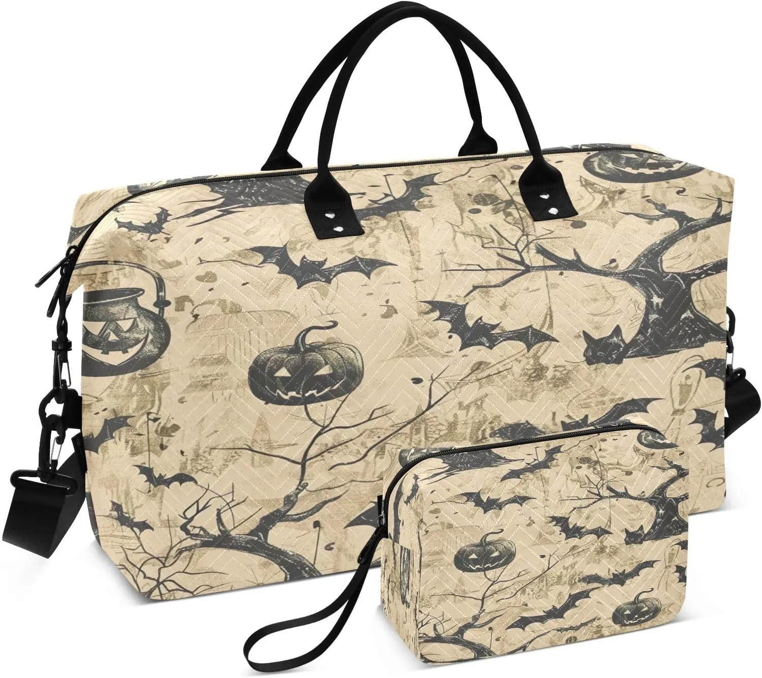 Halloween Dead Tree Pumpkin Lamp Quilted Weekender Travel Bag with Toiletry Bag Gym Tote Handbag Carry On Duffel Bags-2Pack