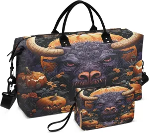 Halloween Pattern Bison Travel Duffel Bags Gym Bag Weekender Handbag with Toiletry Bag for Women Girls Men