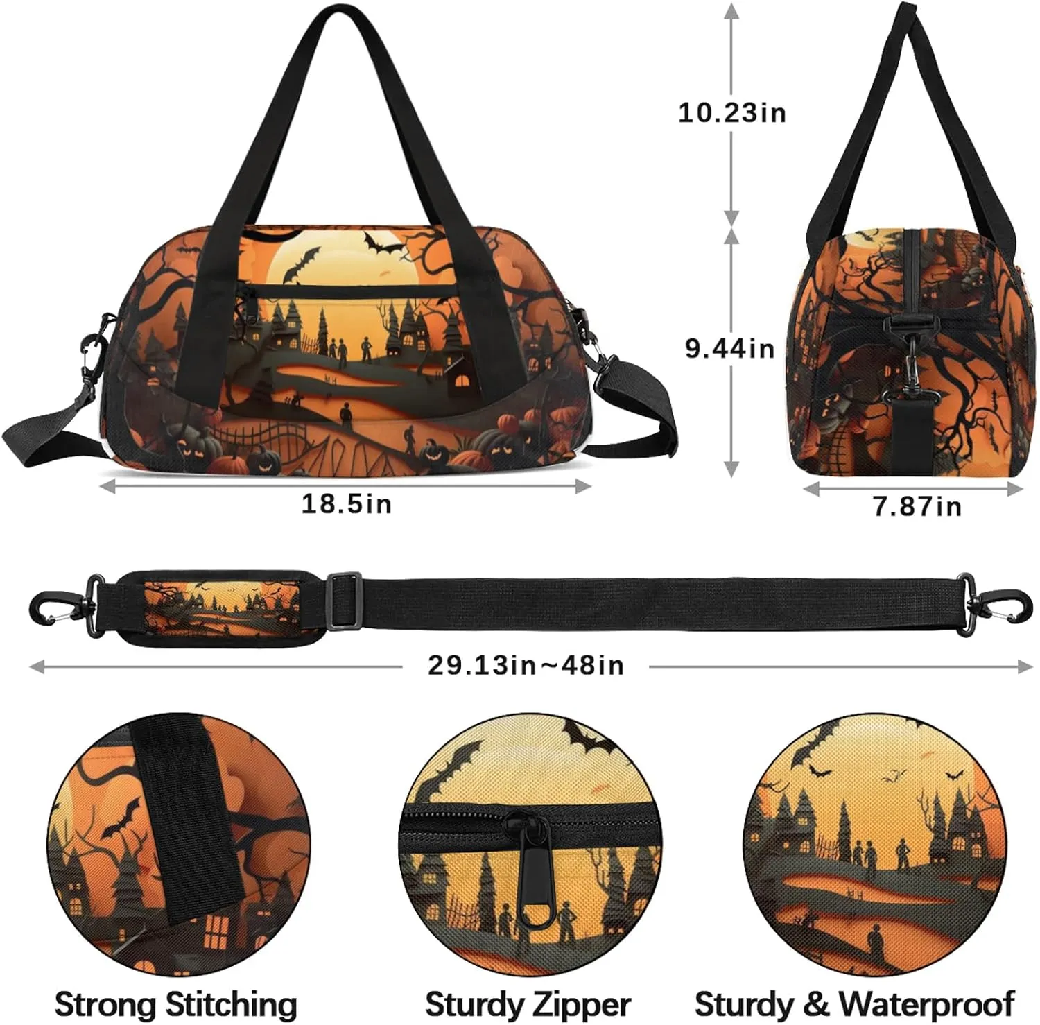 Halloween Town Kids Duffel Bag Lightweight Waterproof Sports Gym Bag with Front Zipper Pocket Foldable Weekender Overnight Bag for School Practice Gymnastic Ballet
