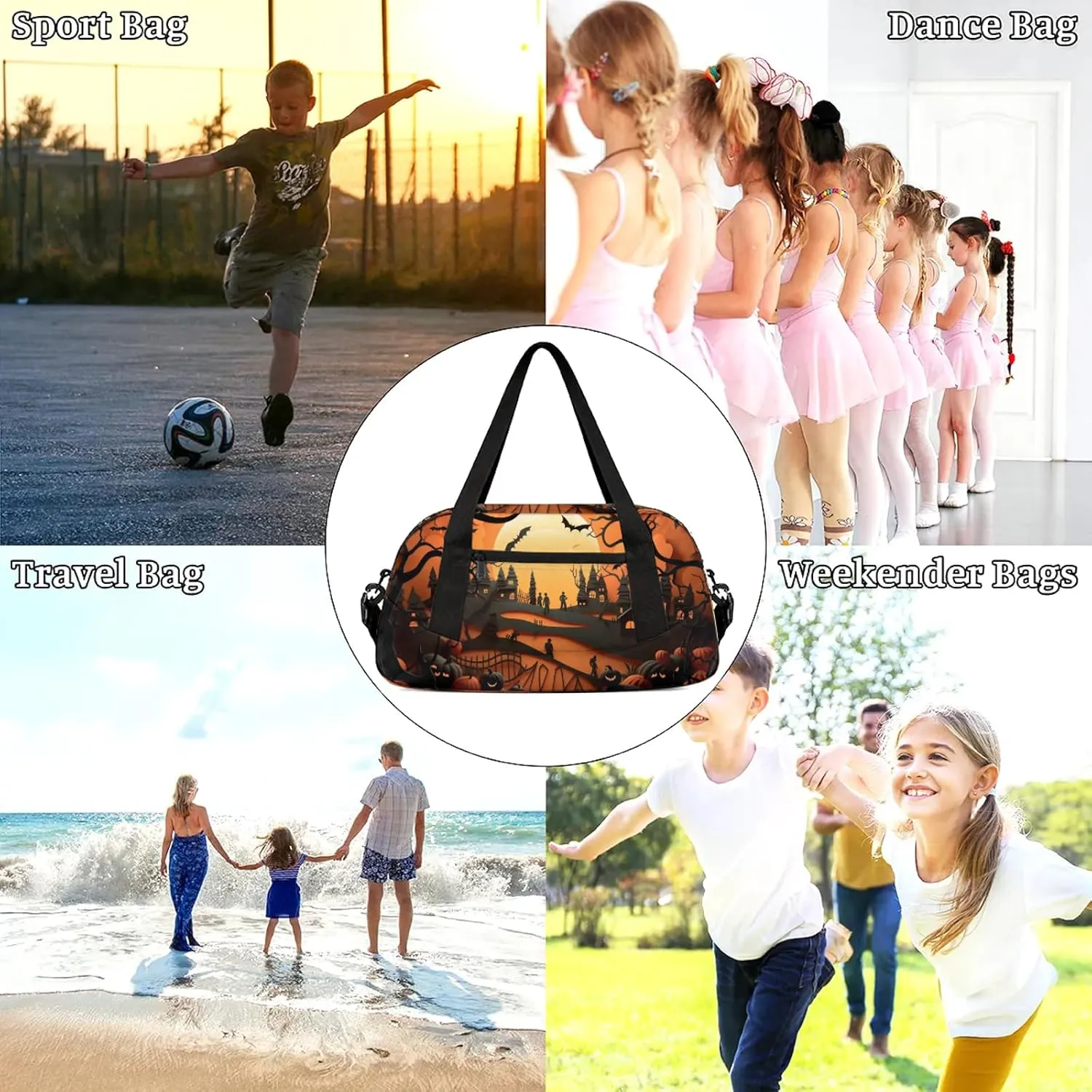 Halloween Town Kids Duffel Bag Lightweight Waterproof Sports Gym Bag with Front Zipper Pocket Foldable Weekender Overnight Bag for School Practice Gymnastic Ballet