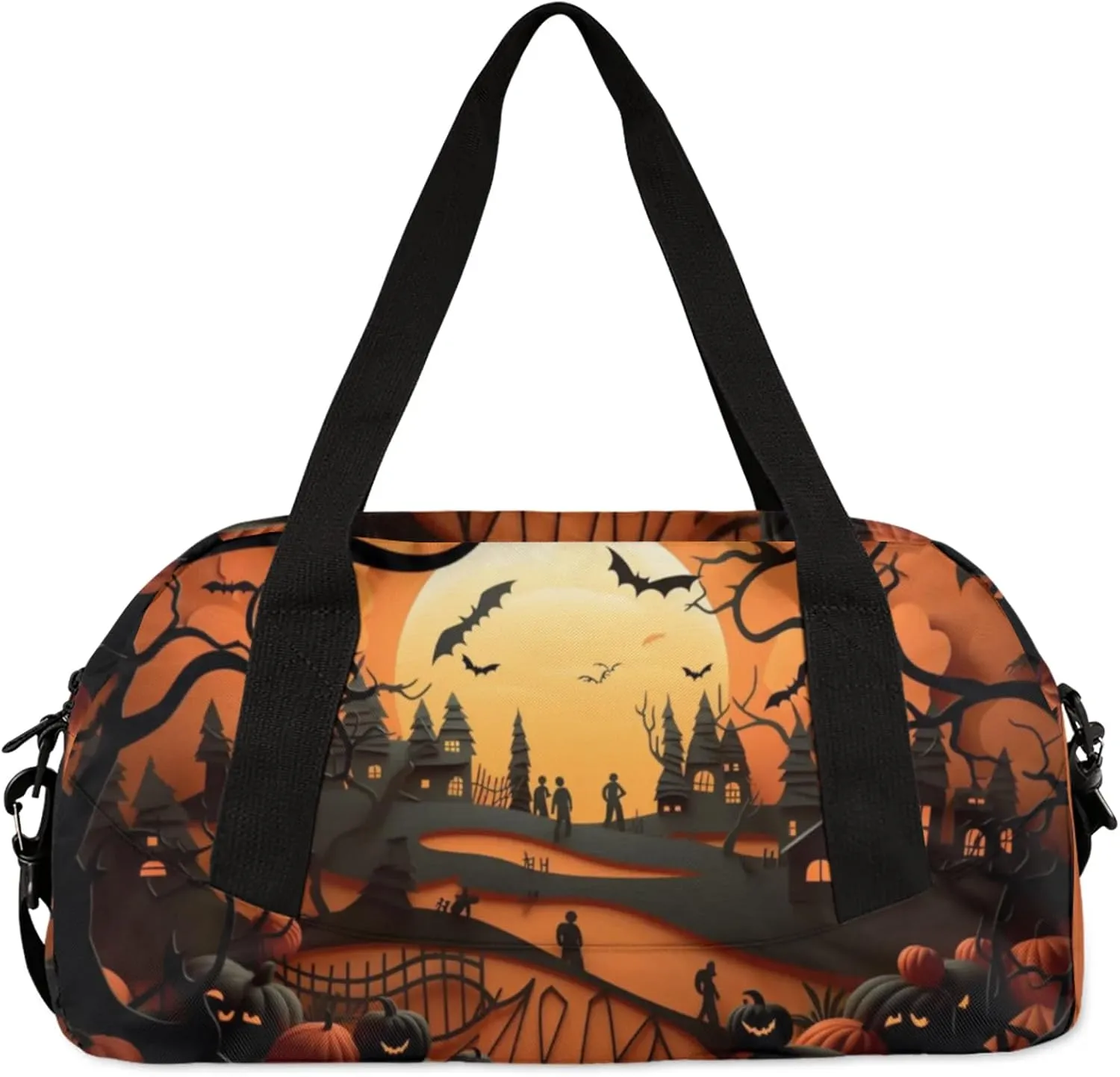 Halloween Town Kids Duffel Bag Lightweight Waterproof Sports Gym Bag with Front Zipper Pocket Foldable Weekender Overnight Bag for School Practice Gymnastic Ballet