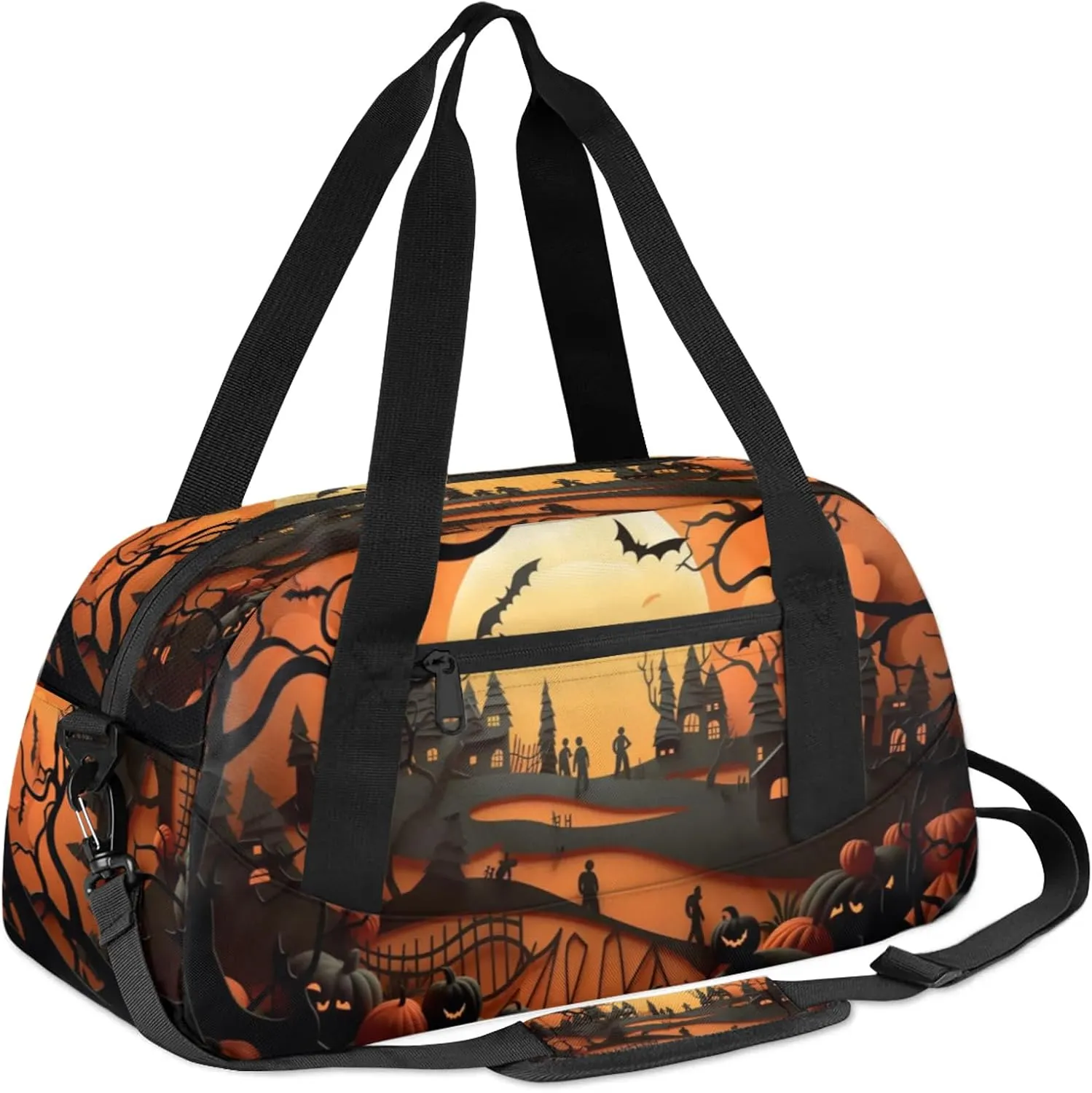 Halloween Town Kids Duffel Bag Lightweight Waterproof Sports Gym Bag with Front Zipper Pocket Foldable Weekender Overnight Bag for School Practice Gymnastic Ballet
