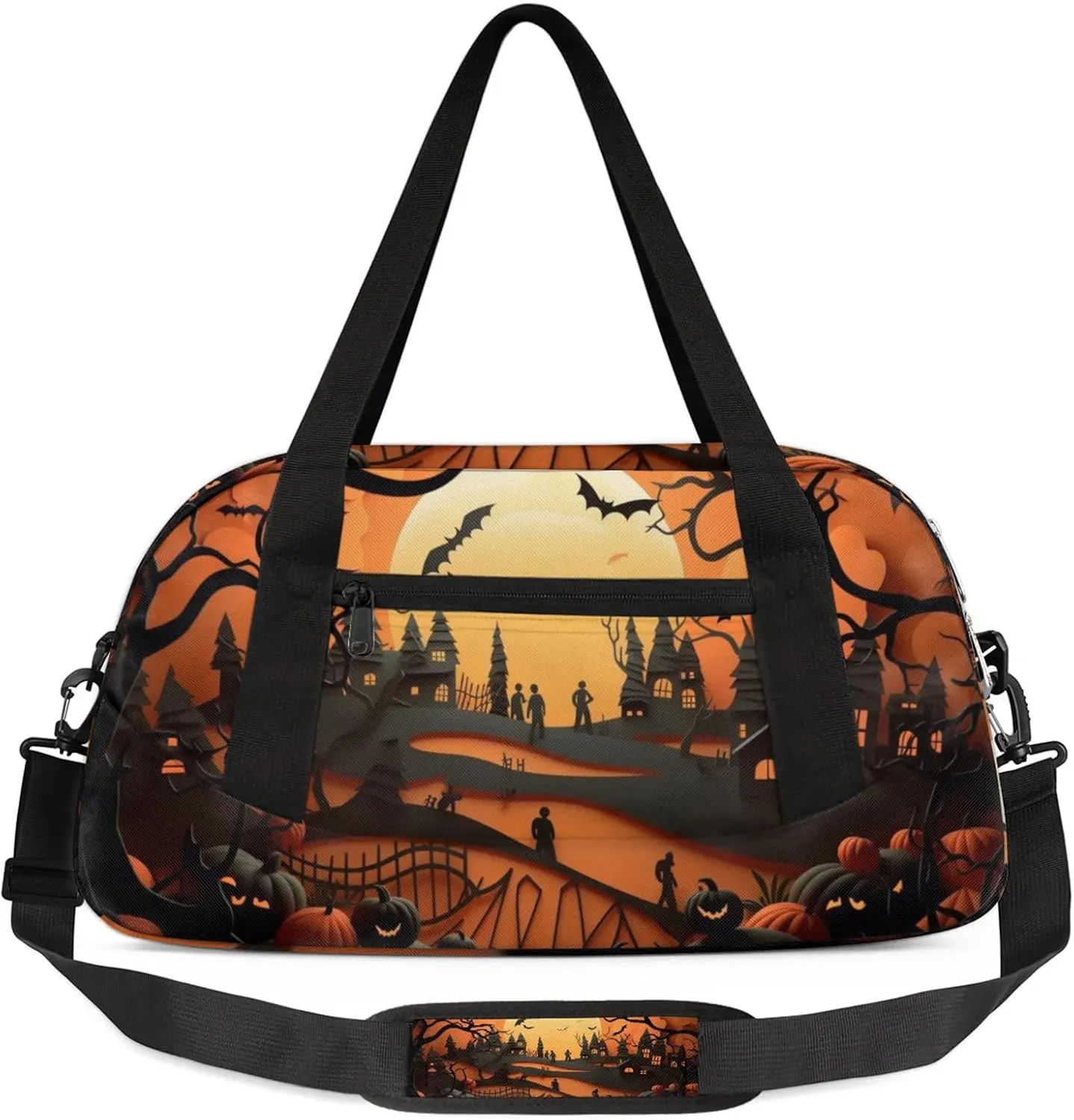 Halloween Town Kids Duffel Bag Lightweight Waterproof Sports Gym Bag with Front Zipper Pocket Foldable Weekender Overnight Bag for School Practice Gymnastic Ballet