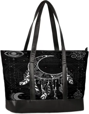 Hand Painted Crescent Moon Dreamcatcher Laptop Tote Bag for Women Lightweight Work Purse with Multiple Compartments Fits 13-15.6 Inch Laptop Tablet Shoulder Bag for Office Travel Daily Use