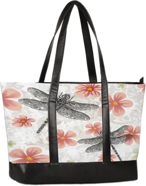 Hand Painted Flower Dragonfly Laptop Tote Bag for Women Lightweight Work Purse with Multiple Compartments Fits 13-15.6 Inch Laptop Tablet Shoulder Bag for Office Travel Daily Use