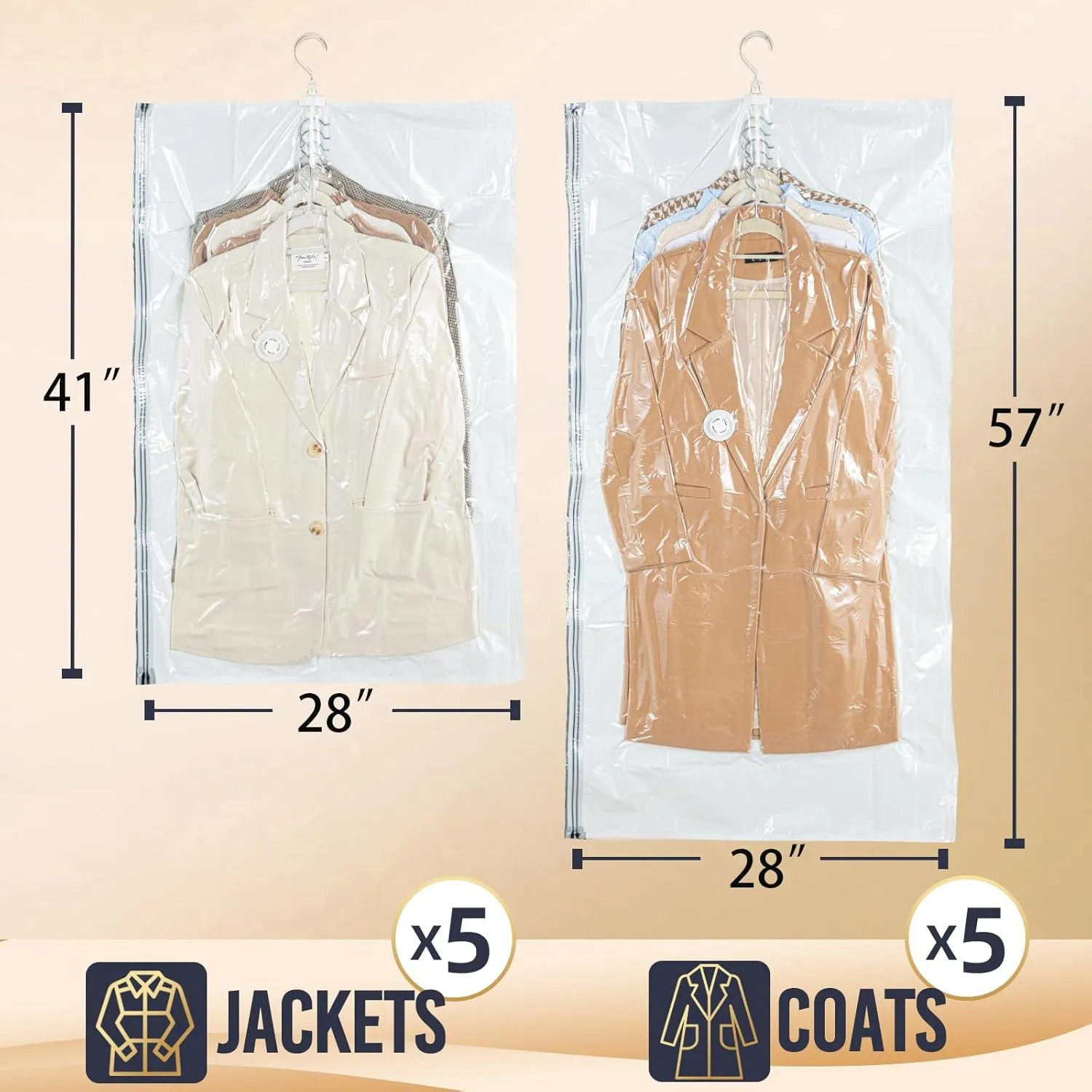 Hanging Vacuum Storage Bags with Electric Pump - 6 (3 Long, 3 Short) Space-Saving Weatherproof Compression Bags for Suits Overcoats, Jackets, Travel Wear, Winter Coats, Down Jackets & Outerwear