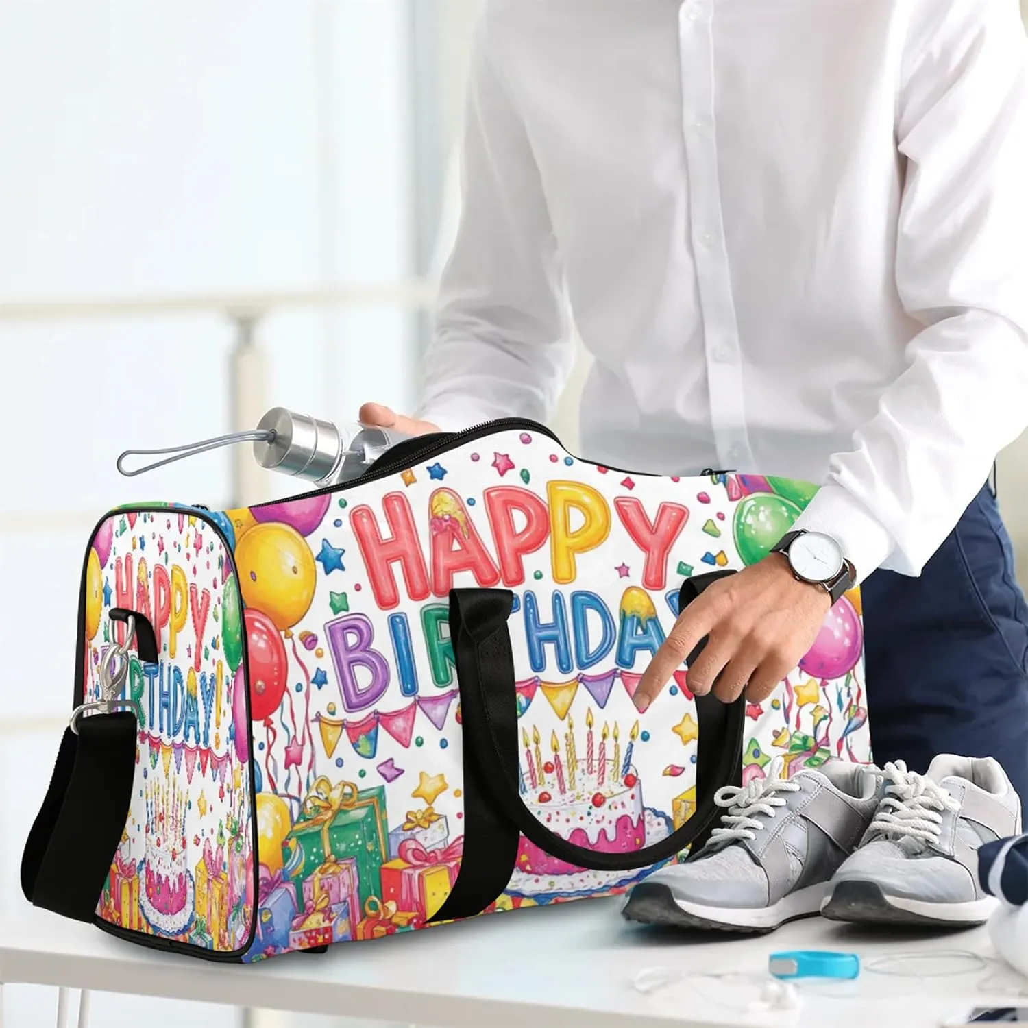 Happy Birthday Duffle Bag for Travel, Overnight Weekend Gym Carry On Luggage Bag, Colorful Balloons Travel Duffel Bag for Men Women